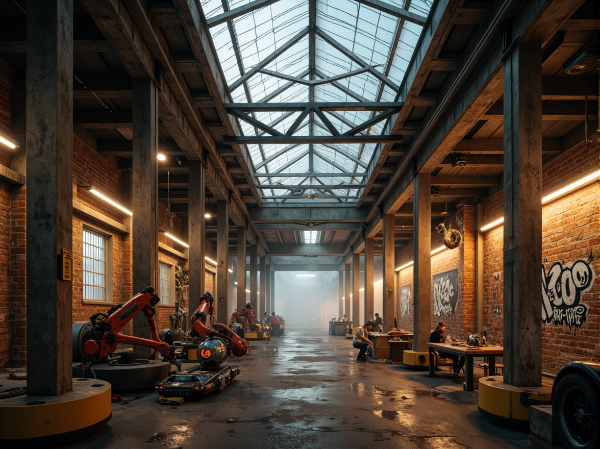 Prompt: Industrial warehouse, exposed brick walls, metallic beams, reclaimed wood accents, neon lights, futuristic machinery, robotic arms, cyberpunk-inspired graffiti, urban cityscape, misty atmosphere, warm golden lighting, shallow depth of field, 1/2 composition, cinematic view, realistic textures, ambient occlusion, rusty metal cladding, corrugated iron sheets, transparent glass roofs, cantilevered structures, angular lines, minimalist design, innovative materials, high-tech gadgets.