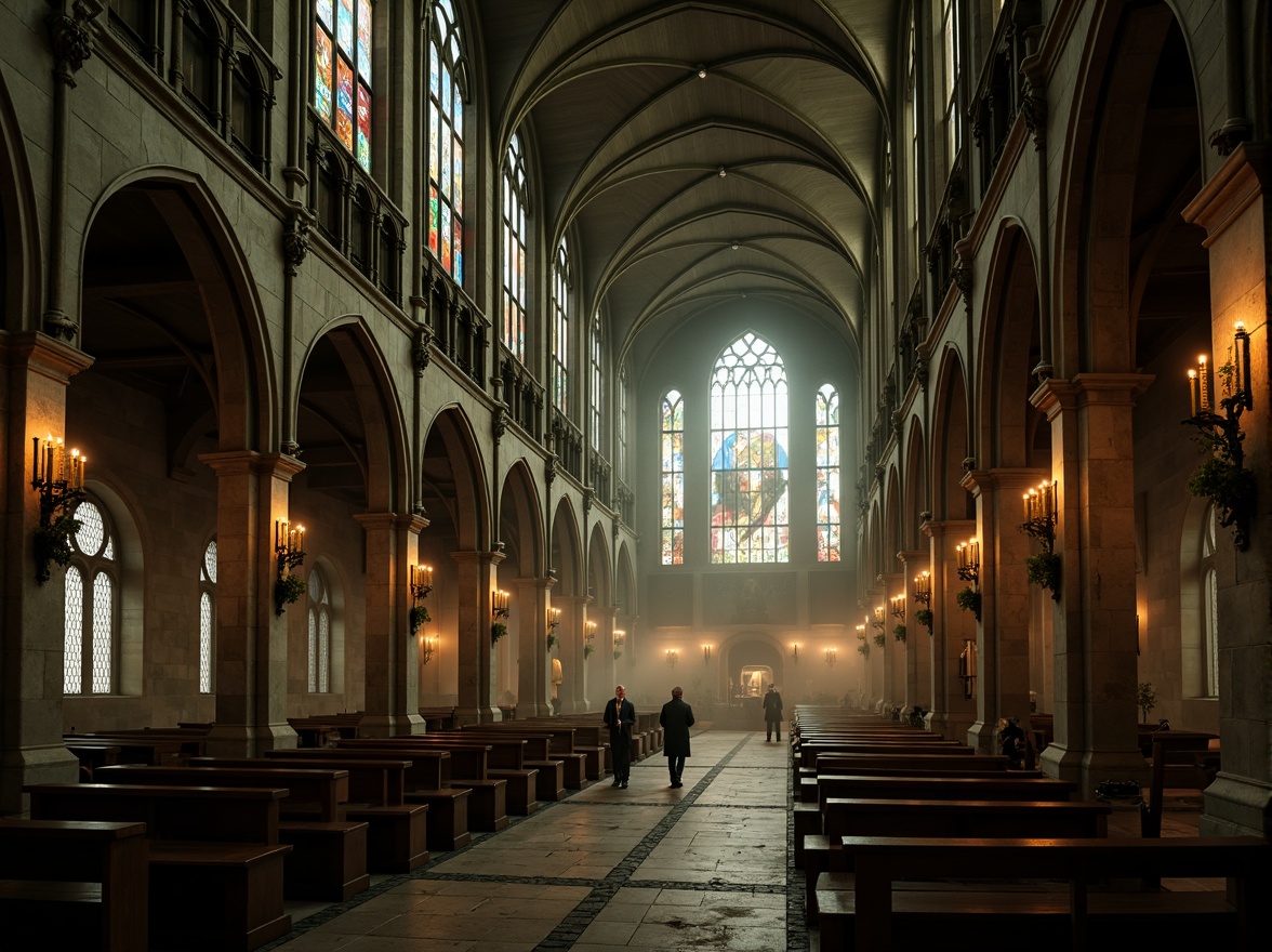 Prompt: Mysterious Gothic cathedral, khaki stone walls, ornate carvings, stained glass windows, grandiose vaulted ceilings, intricate archways, mystical ambiance, warm candlelight, eerie shadows, mysterious fog, misty atmosphere, dramatic lighting, 1/2 composition, low-angle shot, cinematic mood, rich textures, subtle grain.