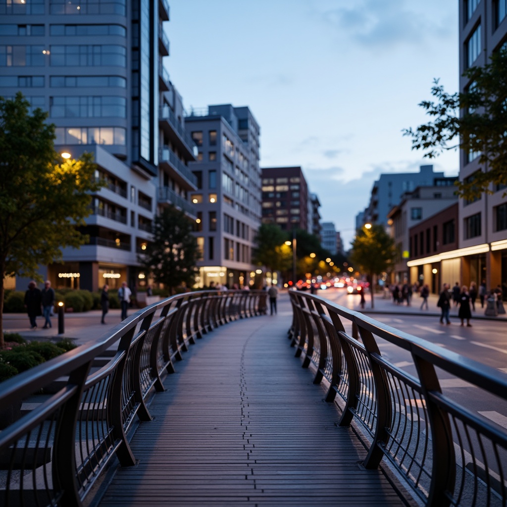 Prompt: Curved pedestrian bridge, sleek metal railings, wooden decking, modern urban landscape, city skyline, busy streets, vibrant streetlights, evening atmosphere, soft warm glow, shallow depth of field, 3/4 composition, panoramic view, realistic textures, ambient occlusion, structural columns, cantilevered sections, suspension cables, diagonal bracing, geometric shapes, minimalist design, functional aesthetics, pedestrian-friendly infrastructure, accessible ramps, safety handrails, urban connectivity.