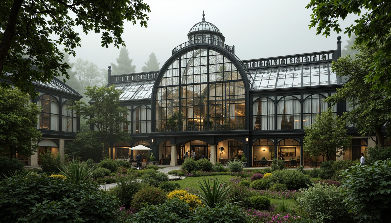 Prompt: Elegant greenhouse, ornate metal frames, lush greenery, exotic plants, Victorian-era inspired architecture, intricate glass details, curved lines, symmetrical facades, grand entranceways, decorative finials, ornamental ridges, natural stone foundations, rustic wooden accents, soft warm lighting, misty atmosphere, shallow depth of field, 1/1 composition, realistic textures, ambient occlusion.