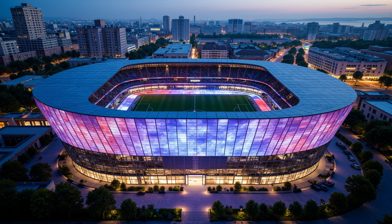 Prompt: Dynamic soccer stadium facade, undulating curves, parametric design, LED light installations, translucent panels, gradient color schemes, sleek metallic materials, angular lines, futuristic architecture, cantilevered roofs, open-air concourses, urban cityscape views, vibrant evening atmosphere, dramatic spotlights, shallow depth of field, 1/1 composition, realistic textures, ambient occlusion.