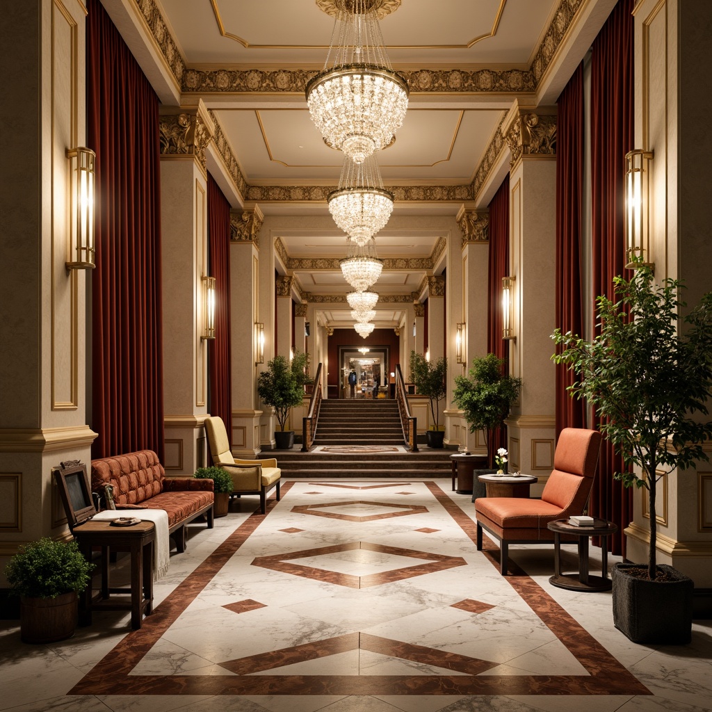 Prompt: Grand hotel entrance, neoclassical columns, ornate carvings, polished marble floors, crystal chandeliers, sweeping staircases, luxurious furnishings, velvet drapes, gold accents, intricate moldings, symmetrical composition, warm soft lighting, shallow depth of field, 1/1 aspect ratio, realistic textures, ambient occlusion.