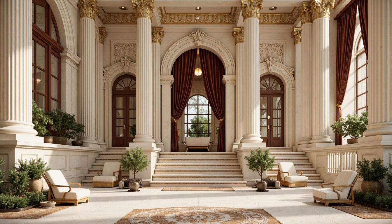 Prompt: Elegant neoclassical architecture, ornate columns, intricately carved details, grandiose entranceways, symmetrical facades, creamy white marble, rich gold accents, soft beige stonework, muted earthy tones, subtle warm lighting, high contrast shadows, dramatic archways, sweeping staircases, luxurious velvet drapes, antique furnishings, refined ornamental patterns, sophisticated color harmony, 1/2 composition, atmospheric perspective, realistic textures, ambient occlusion.