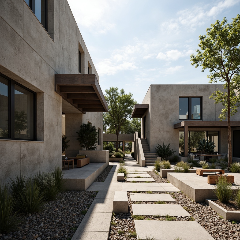 Prompt: Rugged brutalist architecture, industrial concrete walls, weathered steel beams, raw stone accents, minimalist planters, succulent gardens, drought-tolerant flora, gravel pathways, angular hardscapes, modern outdoor furniture, cantilevered roofs, dramatic shadows, high-contrast lighting, cinematic composition, atmospheric perspective, realistic textures, ambient occlusion.