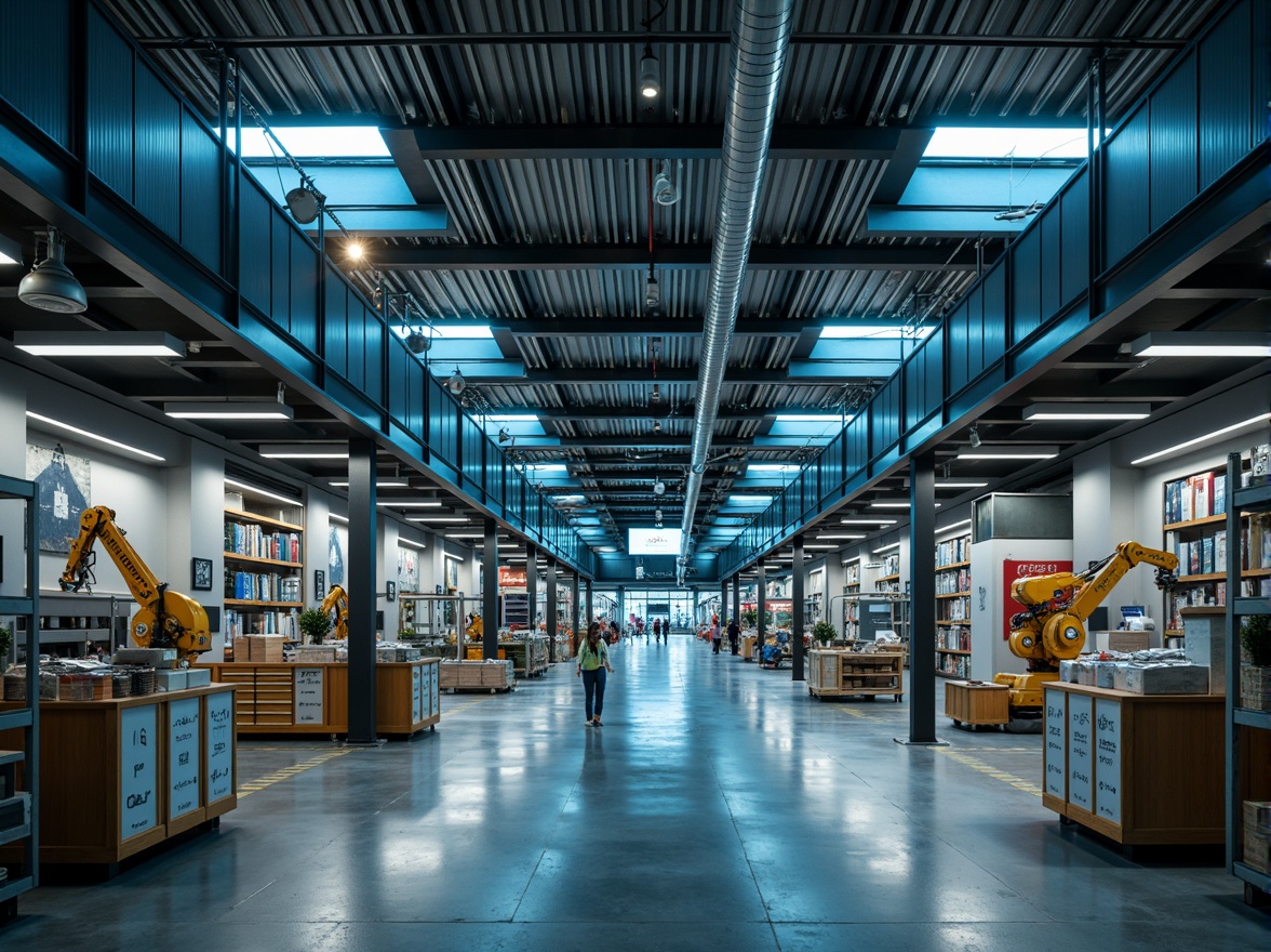 Prompt: Futuristic warehouse interior, exposed ductwork, metallic beams, polished concrete floors, neon-lit catwalks, suspended LED lights, industrial-style lamps, high-ceilinged spaces, automated storage systems, robotic arms, sleek metal shelving, minimalist decor, ambient occlusion, softbox lighting, 1/1 composition, shallow depth of field, realistic textures.