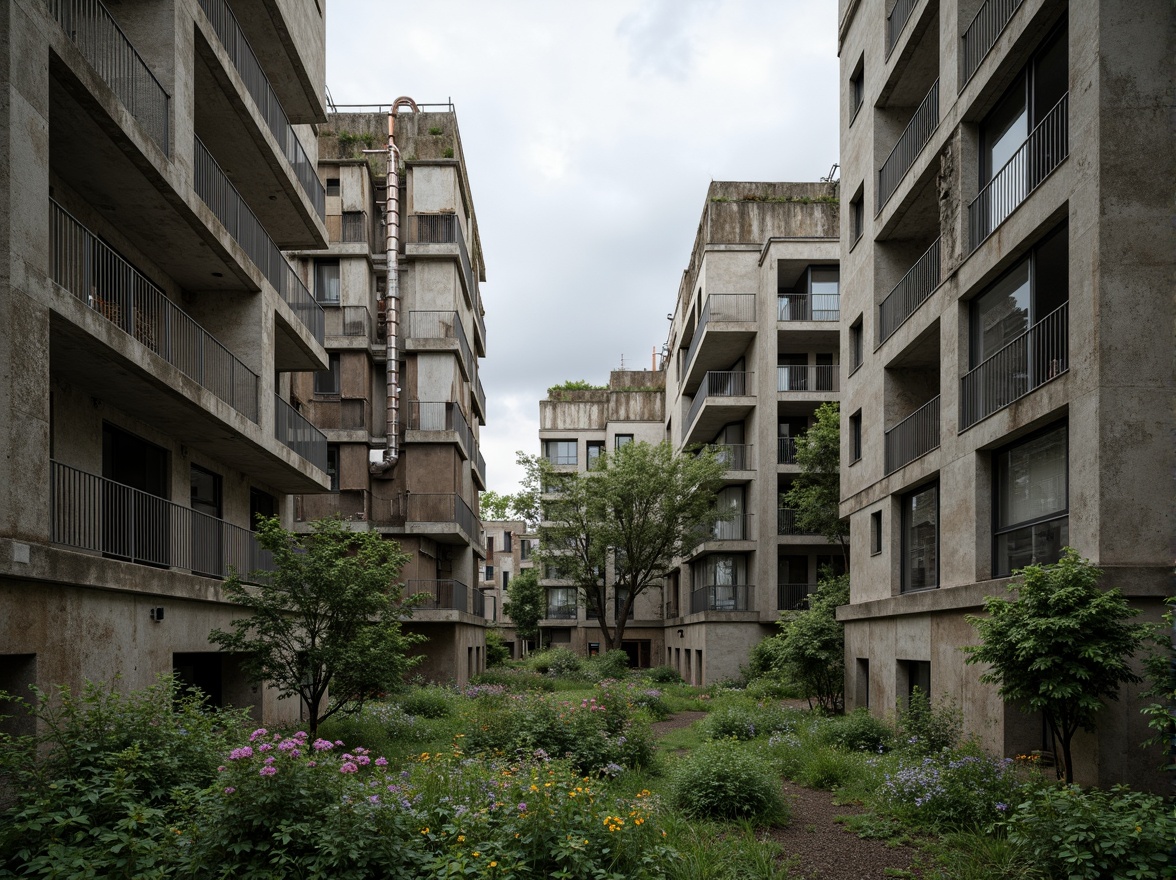 Prompt: Rugged brutalist buildings, raw concrete textures, fortress-like structures, overgrown vegetation, wildflowers, moss-covered walls, industrial landscapes, abandoned factories, crumbling infrastructure, distressed metal accents, exposed ductwork, brutalist sculptures, harsh natural lighting, dramatic shadows, 3/4 composition, low-angle shot, gritty realistic renderings, ambient occlusion.