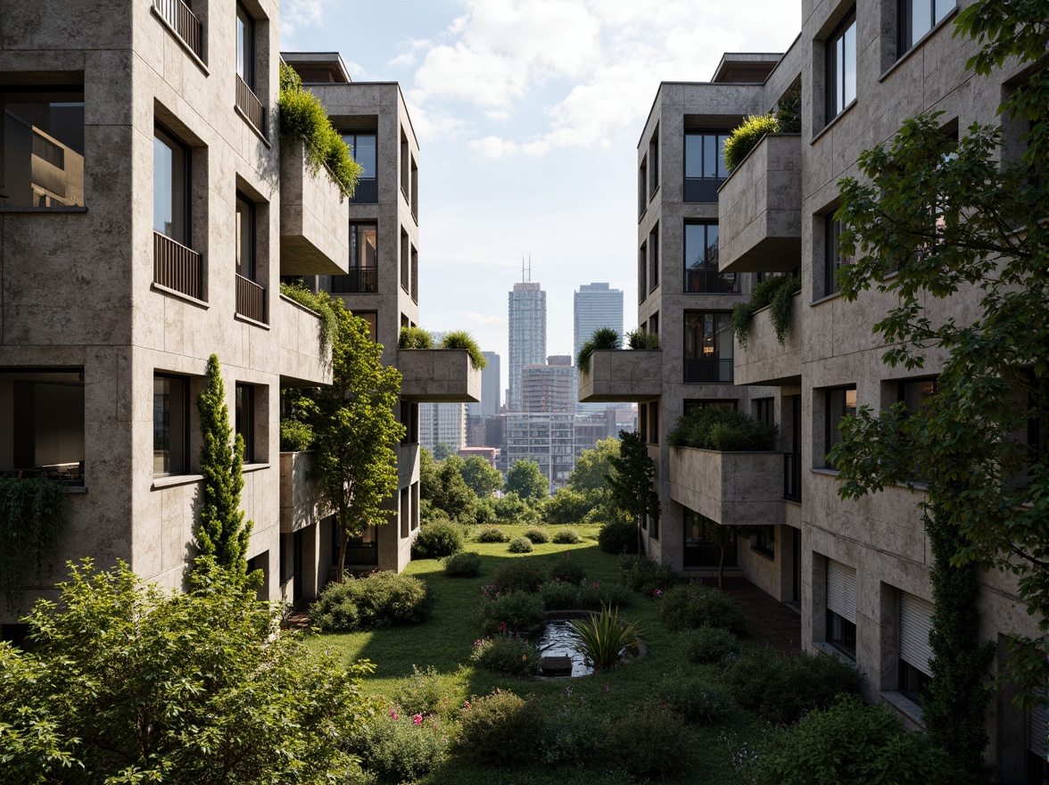 Prompt: Rugged brutalist buildings, raw concrete textures, fortress-like structures, overgrown vegetation, wildflowers, moss-covered walls, weathered steel beams, industrial materials, urban landscape integration, cityscape views, elevated walkways, cantilevered sections, dramatic shadows, harsh natural light, 1/1 composition, symmetrical framing, high-contrast colors, gritty realistic textures, ambient occlusion.