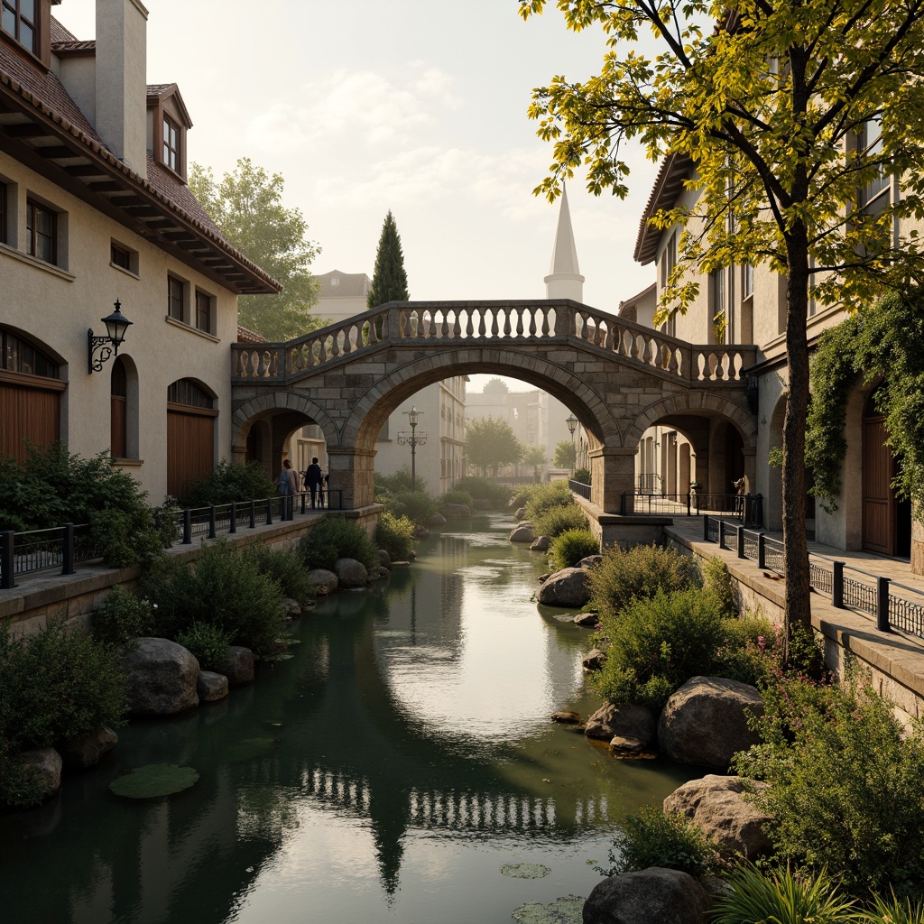 Prompt: Ancient stone bridges, ornate balustrades, rustic arches, weathered stonework, moss-covered piers, tranquil water reflections, serene riverbanks, lush greenery, vibrant flowers, historic lamp posts, decorative ironwork, grandiose entranceways, symmetrical composition, warm golden lighting, soft misty atmosphere, 1/2 composition, realistic textures, ambient occlusion.