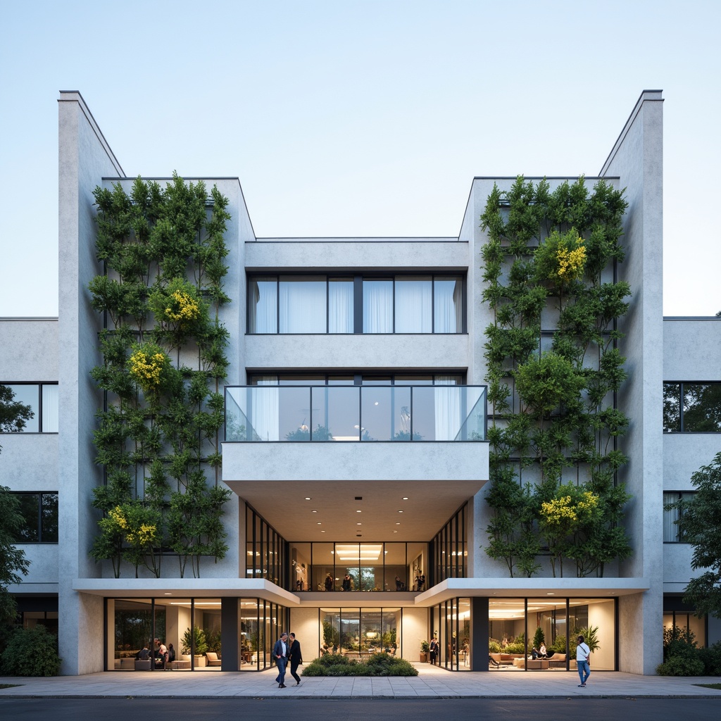 Prompt: Clean hospital facade, minimalist architecture, simple rectangular forms, flat roofs, neutral color palette, large glass windows, metal frames, subtle shading devices, vertical green walls, living walls, natural stone cladding, smooth concrete surfaces, hidden LED lighting, soft ambient illumination, 1/1 composition, symmetrical balance, realistic materials, subtle texture variations.