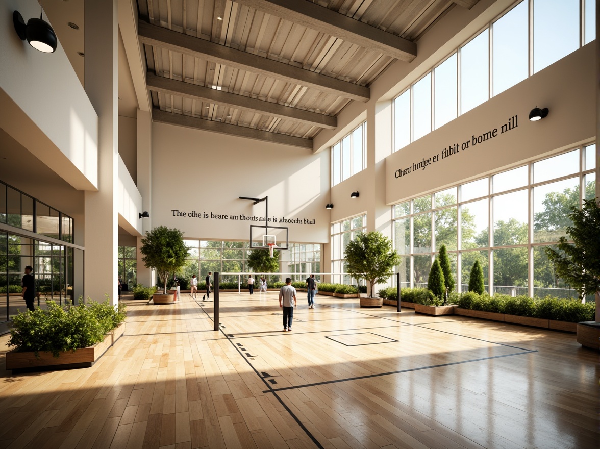 Prompt: Bright gymnasium interior, high ceilings, large windows, natural light pouring in, wooden flooring, athletic equipment, basketball hoops, volleyball nets, exercise machines, mirrored walls, motivational quotes, modern architecture, minimalist design, sleek lines, abundant greenery, lush plants, warm color tones, soft shadows, shallow depth of field, 1/1 composition, realistic textures, ambient occlusion.