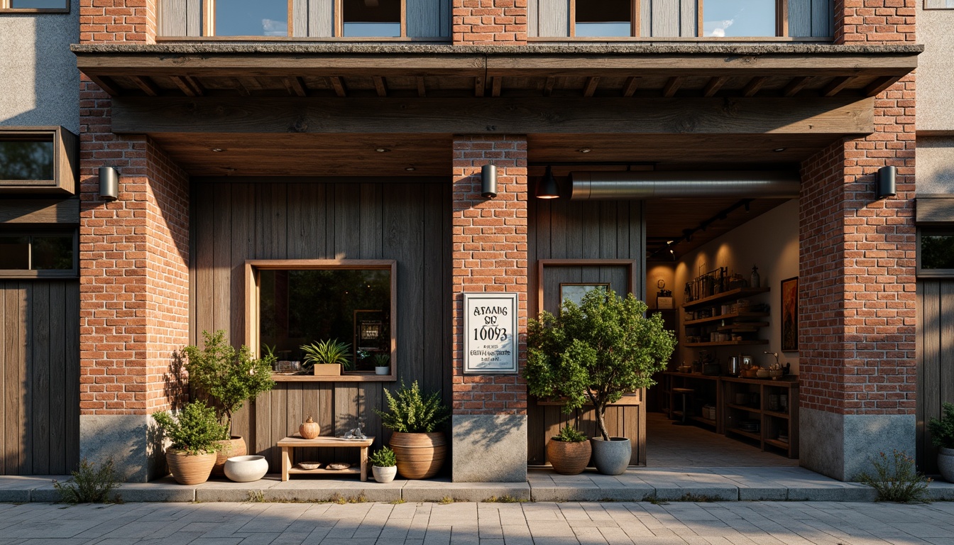 Prompt: Rustic workshop facade, distressed wooden planks, metal cladding, industrial-style windows, exposed brick walls, vintage signage, eclectic architectural details, warm earthy tones, natural stone foundations, overhanging roofs, asymmetrical composition, dramatic shadows, soft diffused lighting, 1/2 composition, realistic textures, ambient occlusion.