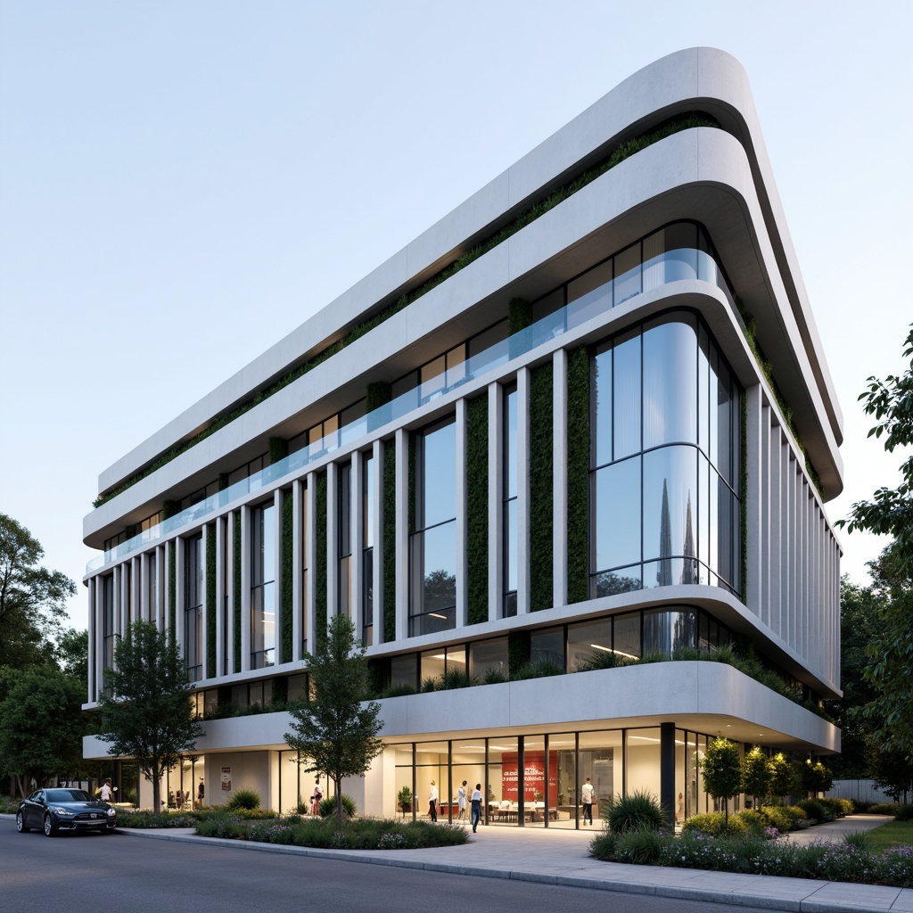 Prompt: Clean hospital facade, minimalist architecture, simple rectangular forms, flat roofs, neutral color palette, large glass windows, metal frames, subtle shading devices, vertical green walls, living walls, natural stone cladding, smooth concrete surfaces, hidden LED lighting, soft ambient illumination, 1/1 composition, symmetrical balance, realistic materials, subtle texture variations.