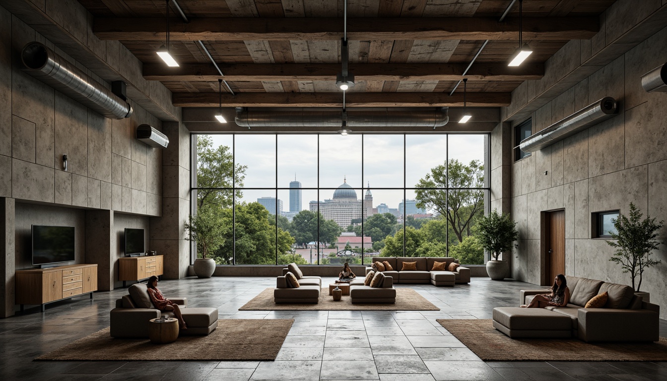 Prompt: Rugged community center, brutalist architecture, raw concrete walls, exposed ductwork, industrial-style lighting, open floor plan, minimalist decor, functional spaces, communal areas, natural stone flooring, reclaimed wood accents, urban landscape views, overcast sky, dramatic shadows, high-contrast lighting, 1/2 composition, symmetrical framing, gritty textures, ambient occlusion.