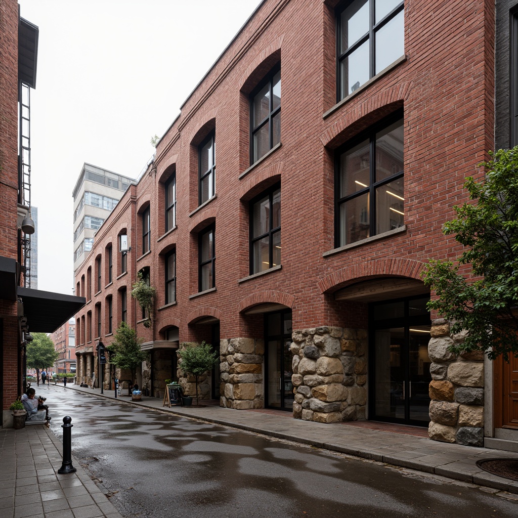 Prompt: Rustic industrial building, exposed brick facade, distressed brick walls, earthy red tones, rough-hewn stone foundations, metal accents, reclaimed wood beams, urban cityscape, overcast sky, warm soft lighting, shallow depth of field, 1/1 composition, realistic textures, ambient occlusion.