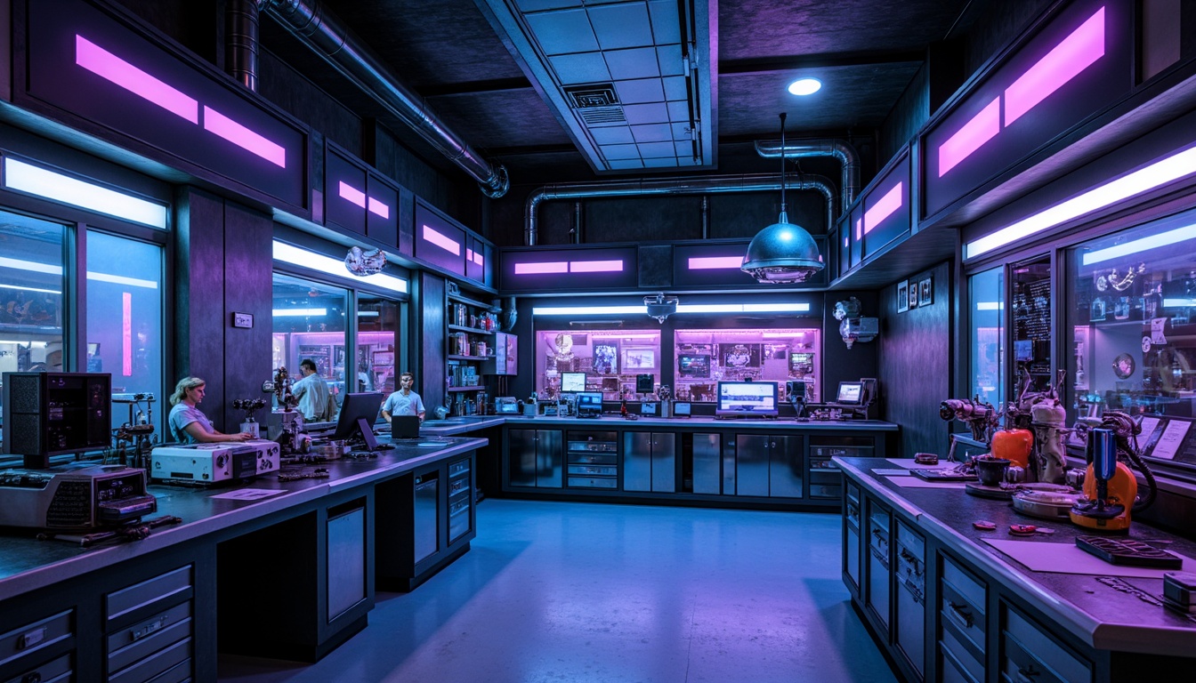 Prompt: Futuristic laboratory interior, metallic surfaces, neon accents, dark blues, electric purples, bright whites, high-gloss finishes, LED lighting, sleek lines, minimalist decor, advanced technology equipment, futuristic machinery, robotic arms, holographic displays, virtual reality headsets, cyberpunk-inspired ambiance, moody atmospheric lighting, shallow depth of field, 1/1 composition, realistic reflections, ambient occlusion.