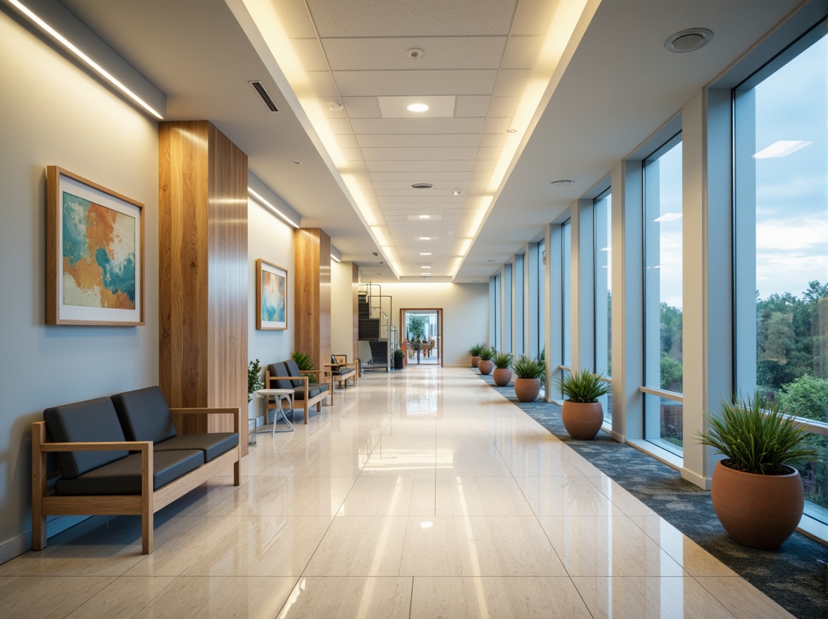 Prompt: Sleek hospital corridors, polished floors, minimalist decor, calming color schemes, natural light, floor-to-ceiling windows, modern medical equipment, stainless steel surfaces, ergonomic furniture, comfortable waiting areas, soothing artwork, subtle textures, ambient lighting, shallow depth of field, 1/1 composition, realistic renderings, soft focus, warm color tones, peaceful atmosphere.