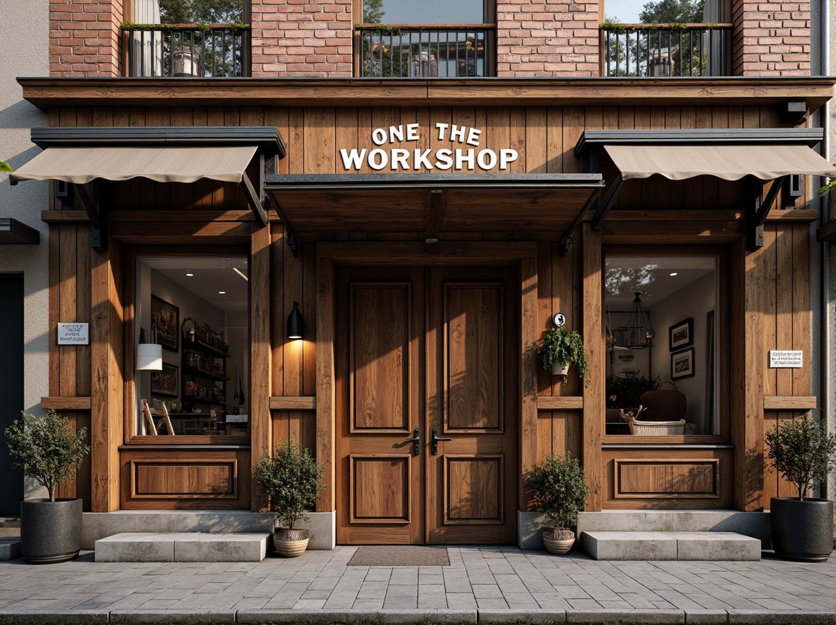 Prompt: Rustic workshop facade, distressed wooden planks, metal cladding, industrial-style windows, exposed brick walls, vintage signage, eclectic architectural details, warm earthy tones, natural stone foundations, overhanging roofs, asymmetrical composition, dramatic shadows, soft diffused lighting, 1/2 composition, realistic textures, ambient occlusion.