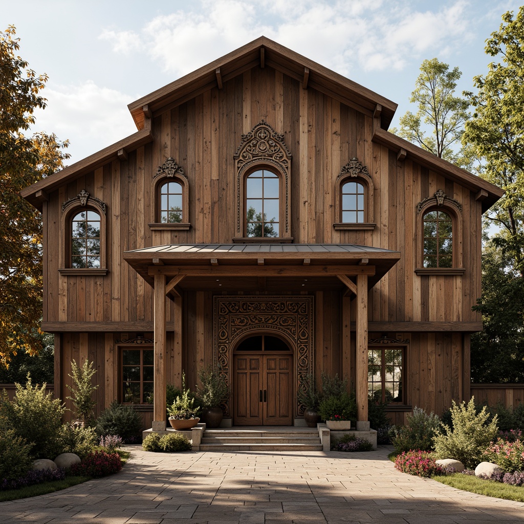 Prompt: Rustic barn facade, Art Deco accents, ornate metalwork, vintage farm equipment, distressed wood textures, earthy color palette, symmetrical composition, grand entrance, decorative cornices, geometric patterns, luxurious materials, opulent details, warm golden lighting, soft focus, shallow depth of field, 1/1 composition, realistic render.