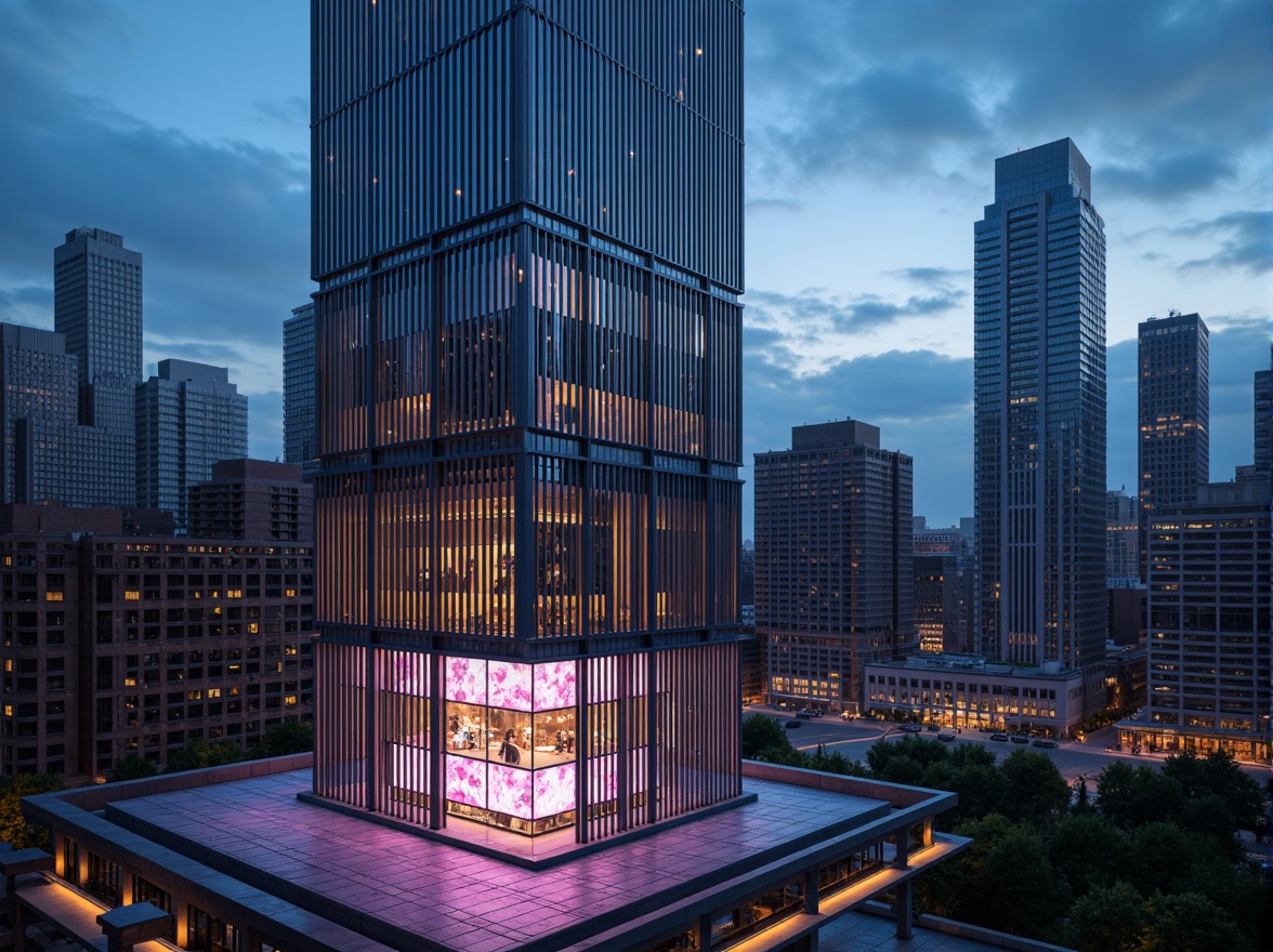 Prompt: Futuristic skyscraper, metallic facade, neon lights, angular lines, minimalist design, high-tech gadgets, LED displays, holographic projections, sleek glass surfaces, reflective steel beams, modern urban landscape, cityscape at dusk, vibrant colorful lighting, shallow depth of field, 1/1 composition, panoramic view, realistic textures, ambient occlusion.