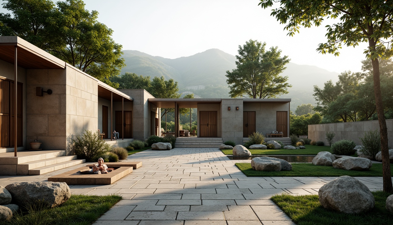 Prompt: Serene monastery courtyard, lush greenery, natural stone walls, minimalist Bauhaus architecture, clean lines, rectangular forms, functional simplicity, rustic wooden doors, metal accents, subtle color palette, soft warm lighting, shallow depth of field, 3/4 composition, panoramic view, realistic textures, ambient occlusion, rolling hills, misty mountains, peaceful atmosphere, contemplative ambiance, serene water features, natural rock formations, meandering pathways, rustic benches, spiritual sculptures.