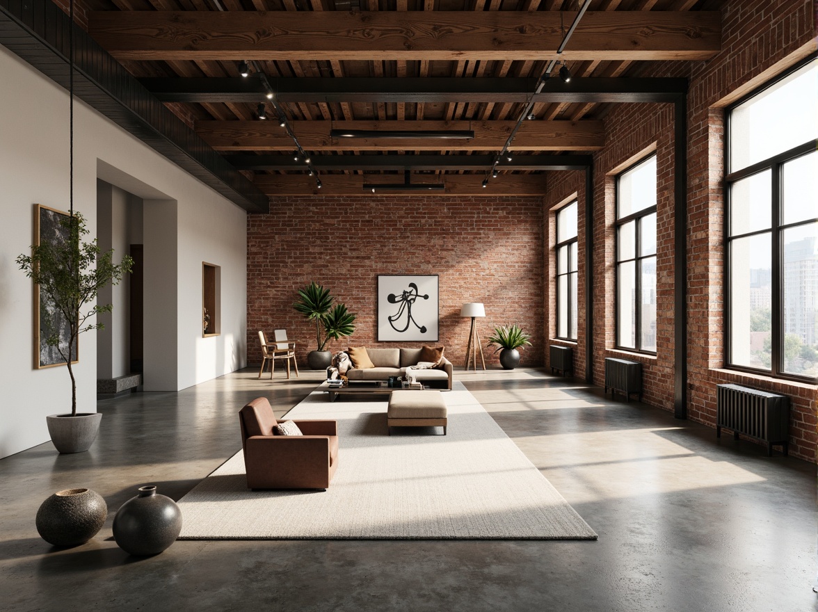 Prompt: Exposed brick walls, industrial metal beams, reclaimed wood accents, polished concrete floors, minimalist decor, modern urban loft, open-plan living space, floor-to-ceiling windows, natural light pouring in, airy atmosphere, sleek lines, geometric shapes, abstract art pieces, monochromatic color scheme, subtle textures, soft warm lighting, shallow depth of field, 3/4 composition, realistic renderings.