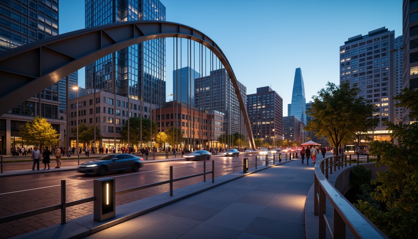 Prompt: Curved pedestrian bridge, sleek metal railings, wooden decking, modern urban landscape, city skyline, busy streets, vibrant streetlights, evening atmosphere, soft warm glow, shallow depth of field, 3/4 composition, panoramic view, realistic textures, ambient occlusion, structural columns, cantilevered sections, suspension cables, diagonal bracing, geometric shapes, minimalist design, functional aesthetics, pedestrian-friendly infrastructure, accessible ramps, safety handrails, urban connectivity.