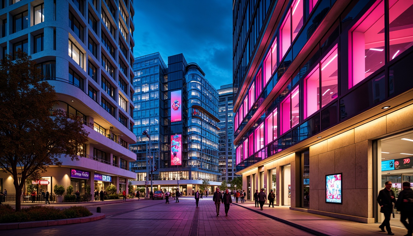 Prompt: Vibrant cityscape, modern skyscrapers, bold color blocking, contrasting hues, neon lights, urban landscape, bustling streets, pedestrian walkways, dynamic architecture, geometric patterns, metallic accents, glass facades, LED installations, futuristic ambiance, high-contrast lighting, dramatic shadows, 1/1 composition, low-angle shot, cinematic mood, realistic reflections.