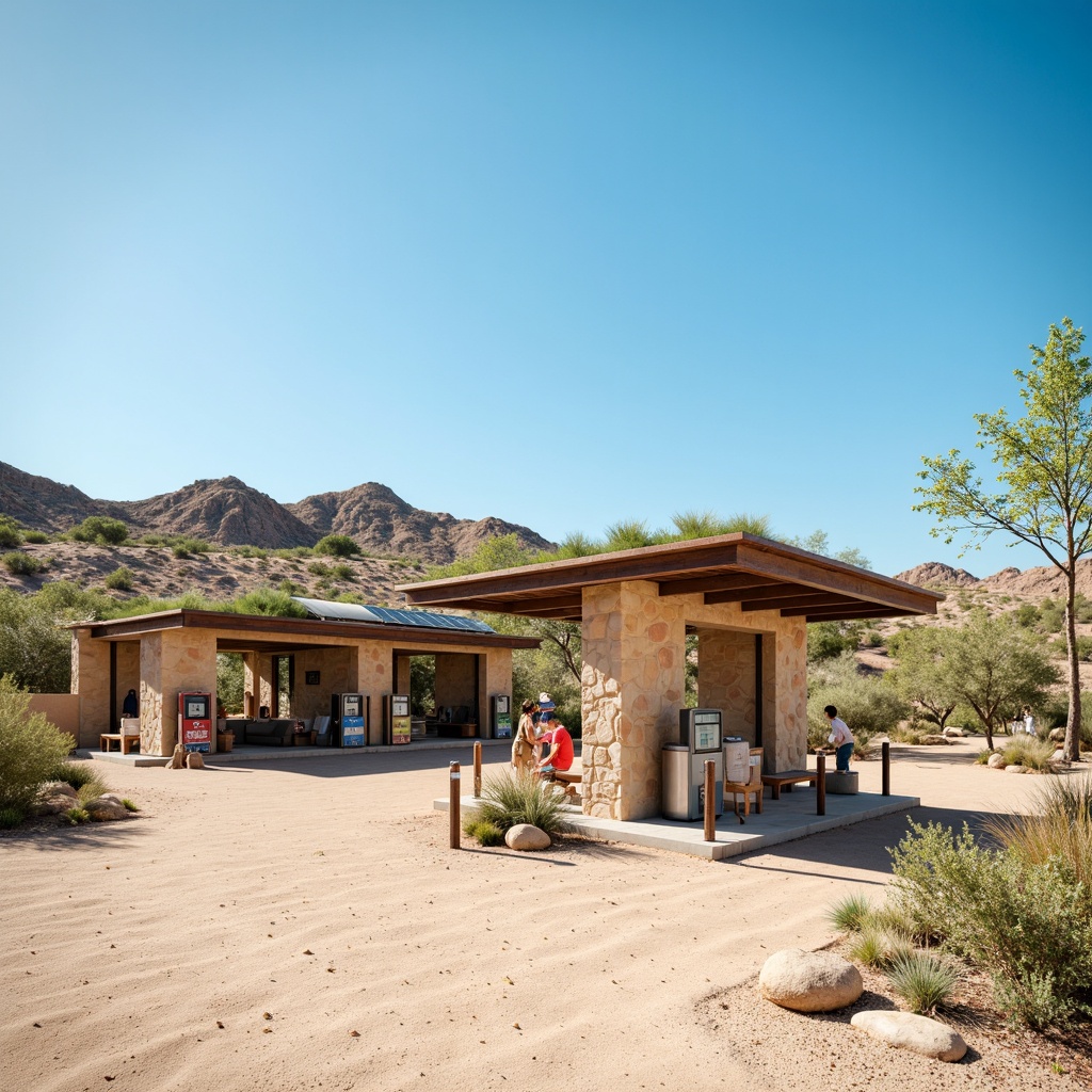 Prompt: Rustic gas station, natural stone walls, green roofs, solar panels, modern fuel pumps, sleek metal canopies, minimalist design, desert landscape, sandy dunes, cactus plants, hot sunny day, clear blue sky, vast open space, integrated seating areas, native plant species, drought-resistant vegetation, permeable pavement, rainwater harvesting systems, eco-friendly materials, subtle branding elements, warm color scheme, shallow depth of field, 3/4 composition, panoramic view, realistic textures, ambient occlusion.