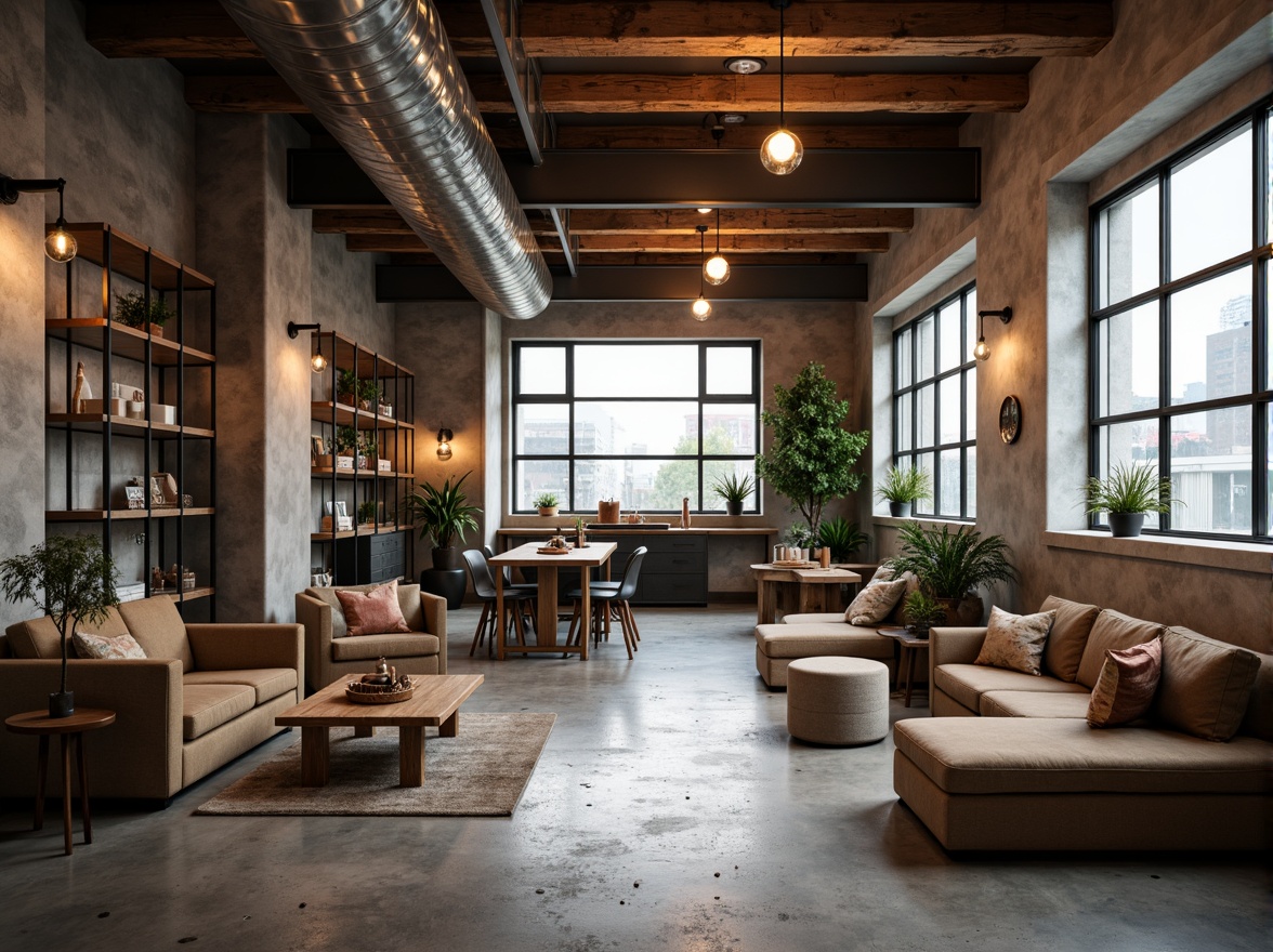 Prompt: Industrial chic interior, exposed ductwork, polished concrete floors, minimalist decor, functional shelving units, sleek metal accents, reclaimed wood furniture, Edison bulb lighting, urban loft atmosphere, natural textiles, earthy color palette, soft warm glow, shallow depth of field, 1/1 composition, realistic materials, ambient occlusion.