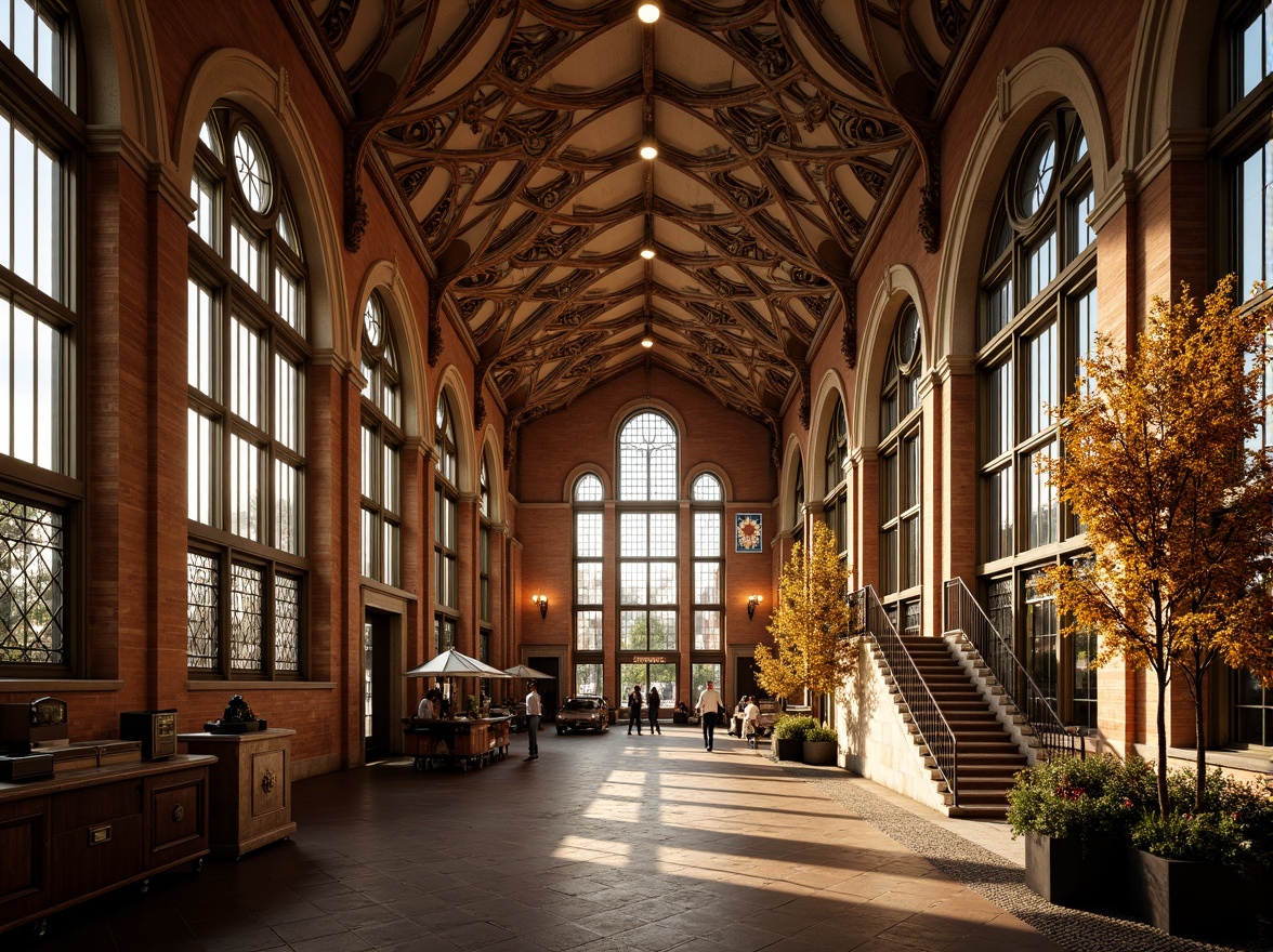 Prompt: Grand train station, Romanesque archways, ornate stone carvings, vaulted ceilings, large stained glass windows, intricate ironwork, rustic brick walls, majestic columns, grand staircases, ornamental railings, vintage luggage carts, old-fashioned clock towers, warm golden lighting, shallow depth of field, 1/1 composition, symmetrical framing, realistic textures, ambient occlusion.