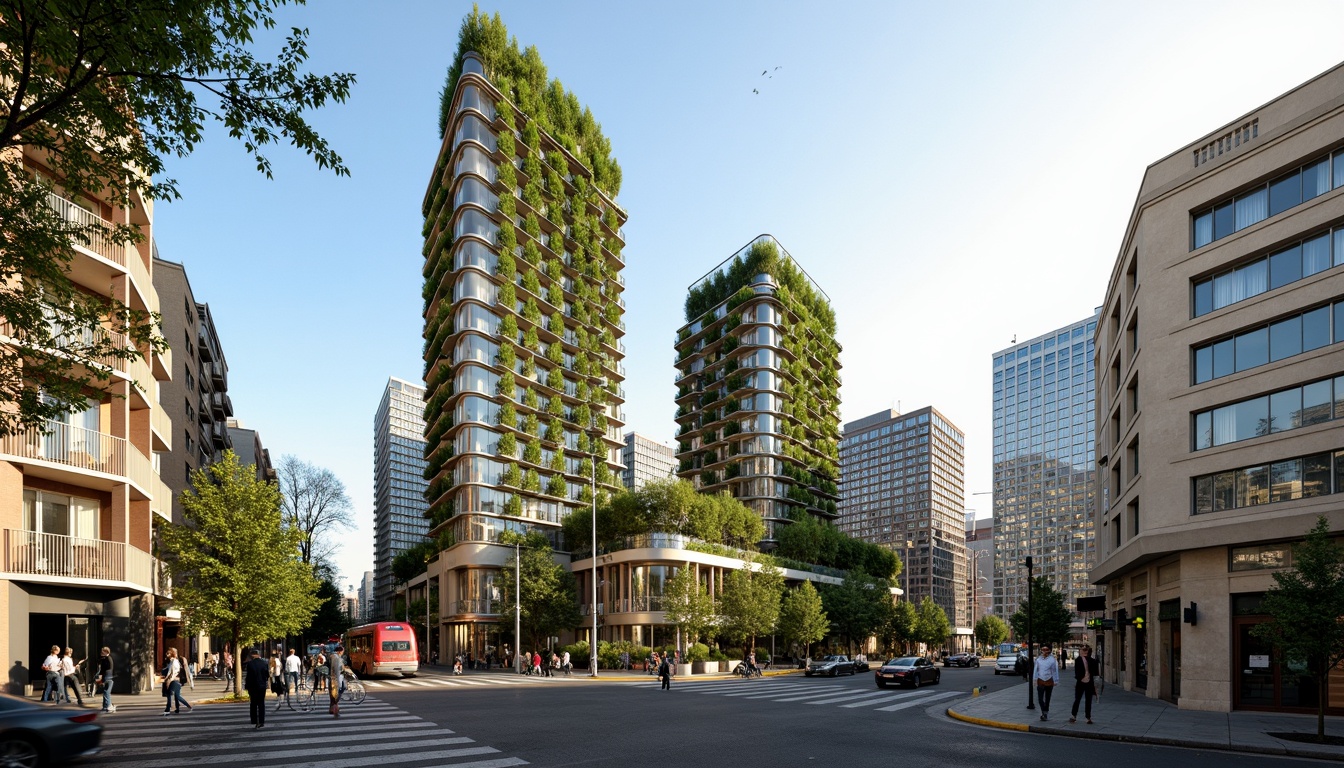 Prompt: Eco-friendly urban skyscrapers, green roofs, solar panels, wind turbines, rainwater harvesting systems, recycled materials, energy-efficient facades, vertical gardens, living walls, natural ventilation systems, minimal waste management, public transportation hubs, pedestrian-friendly streets, bike lanes, electric vehicle charging stations, modern minimalist design, angular lines, sleek metal structures, glass curtain walls, urban parks, community gardens, vibrant street art, diverse cultural influences, warm sunny day, soft natural lighting, shallow depth of field, 3/4 composition, panoramic view, realistic textures, ambient occlusion.