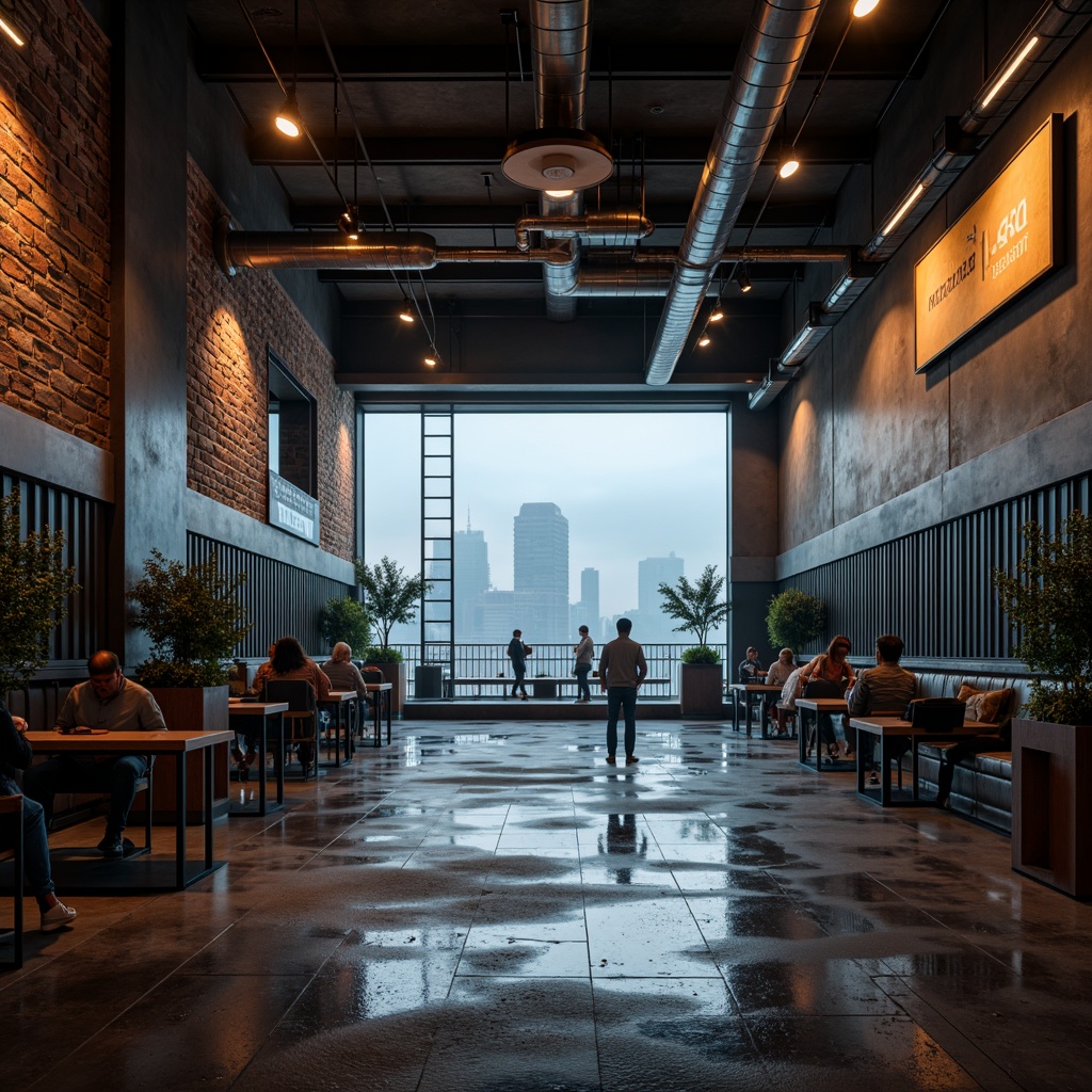 Prompt: Exposed brick walls, distressed concrete floors, metallic beams, industrial pipes, reclaimed wood accents, corrugated metal cladding, neon-lit signage, futuristic LED lighting, minimalist decor, urban cityscape views, foggy atmosphere, cinematic low-key lighting, shallow depth of field, 2/3 composition, realistic reflections, ambient occlusion.