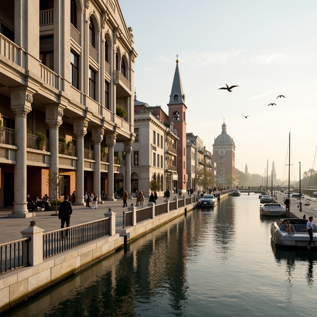 Prompt: Riverfront promenade, ornate balustrades, grandiose columns, symmetrical facades, classical arches, elegant cornices, limestone buildings, majestic clock towers, tranquil water reflections, sailboats, seagulls, misty morning atmosphere, warm golden lighting, shallow depth of field, 1/2 composition, panoramic view, realistic textures, ambient occlusion.