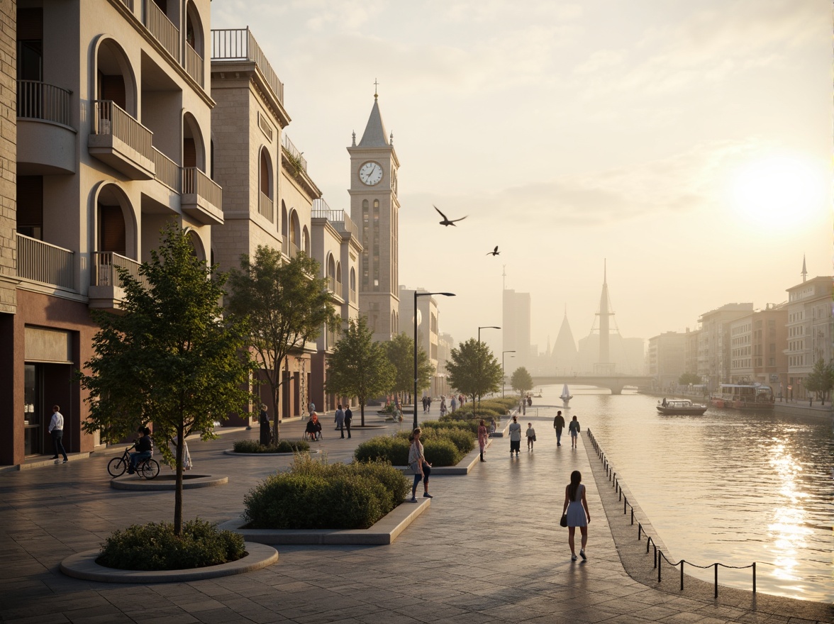 Prompt: Riverfront promenade, ornate balustrades, grandiose columns, symmetrical facades, classical arches, elegant cornices, limestone buildings, majestic clock towers, tranquil water reflections, sailboats, seagulls, misty morning atmosphere, warm golden lighting, shallow depth of field, 1/2 composition, panoramic view, realistic textures, ambient occlusion.