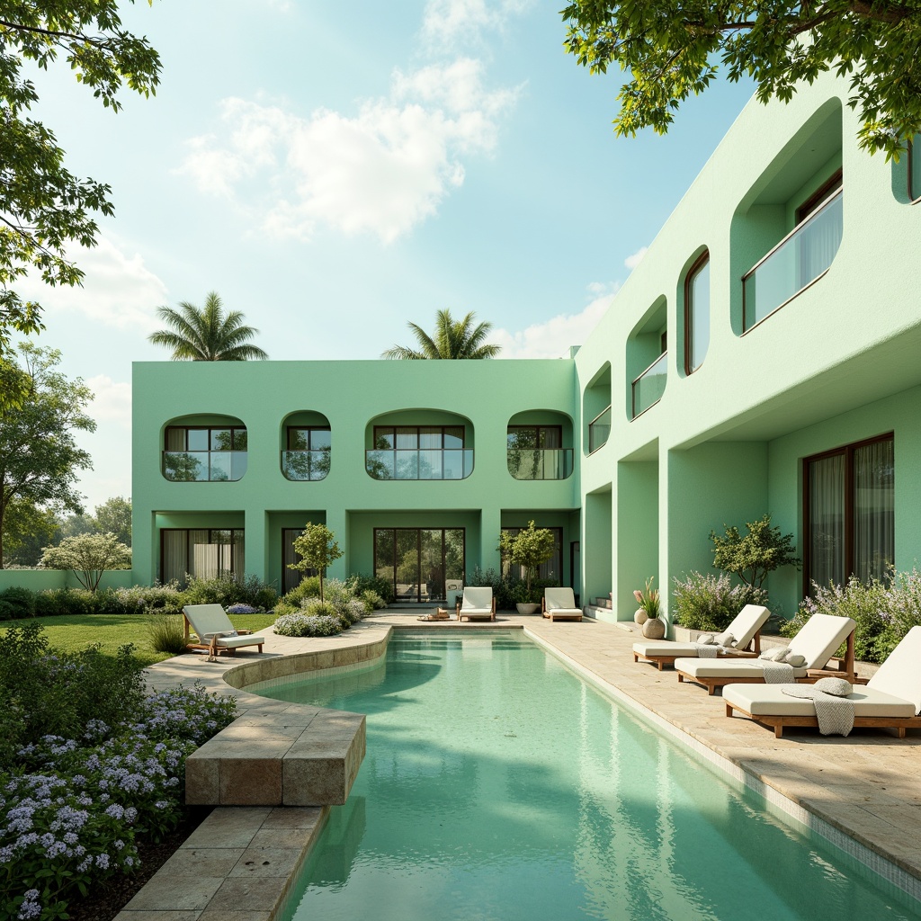 Prompt: Soothing mint-green buildings, soft pastel hues, calming atmosphere, natural stone foundations, curved lines, minimalist design, large windows, sliding glass doors, lush greenery, blooming flowers, serene water features, shallow reflective pools, warm sunny day, gentle misting systems, ambient occlusion, 3/4 composition, panoramic view, realistic textures, modern architecture, eco-friendly materials, innovative cooling technologies.