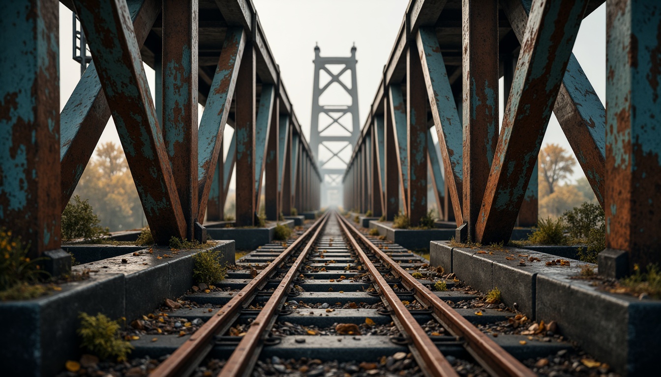 Prompt: Rustic steel bridges, industrial-era aesthetic, weathered metal textures, warm earthy tones, muted blue-grey hues, rich brown wood accents, natural stone foundations, misty atmospheric effects, soft golden lighting, shallow depth of field, 2/3 composition, cinematic view, realistic reflections, ambient occlusion.