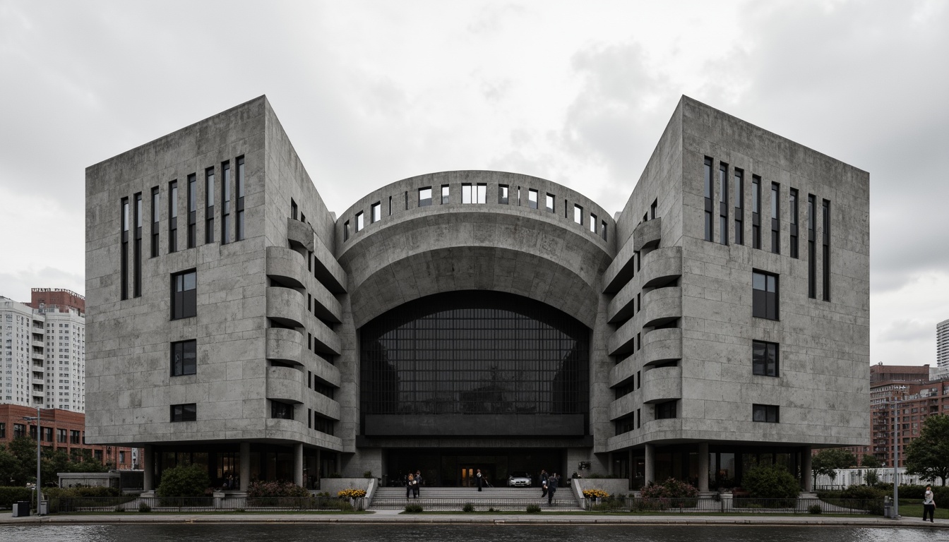 Prompt: Rugged concert house facade, brutalist architecture style, raw concrete textures, fortress-like structure, asymmetrical composition, dramatic cantilevered roofs, industrial metal accents, minimalist ornamentation, bold geometric forms, monochromatic color scheme, urban cityscape background, cloudy overcast sky, high-contrast lighting, deep shadows, 1/2 composition, cinematic camera angle, gritty realistic rendering.