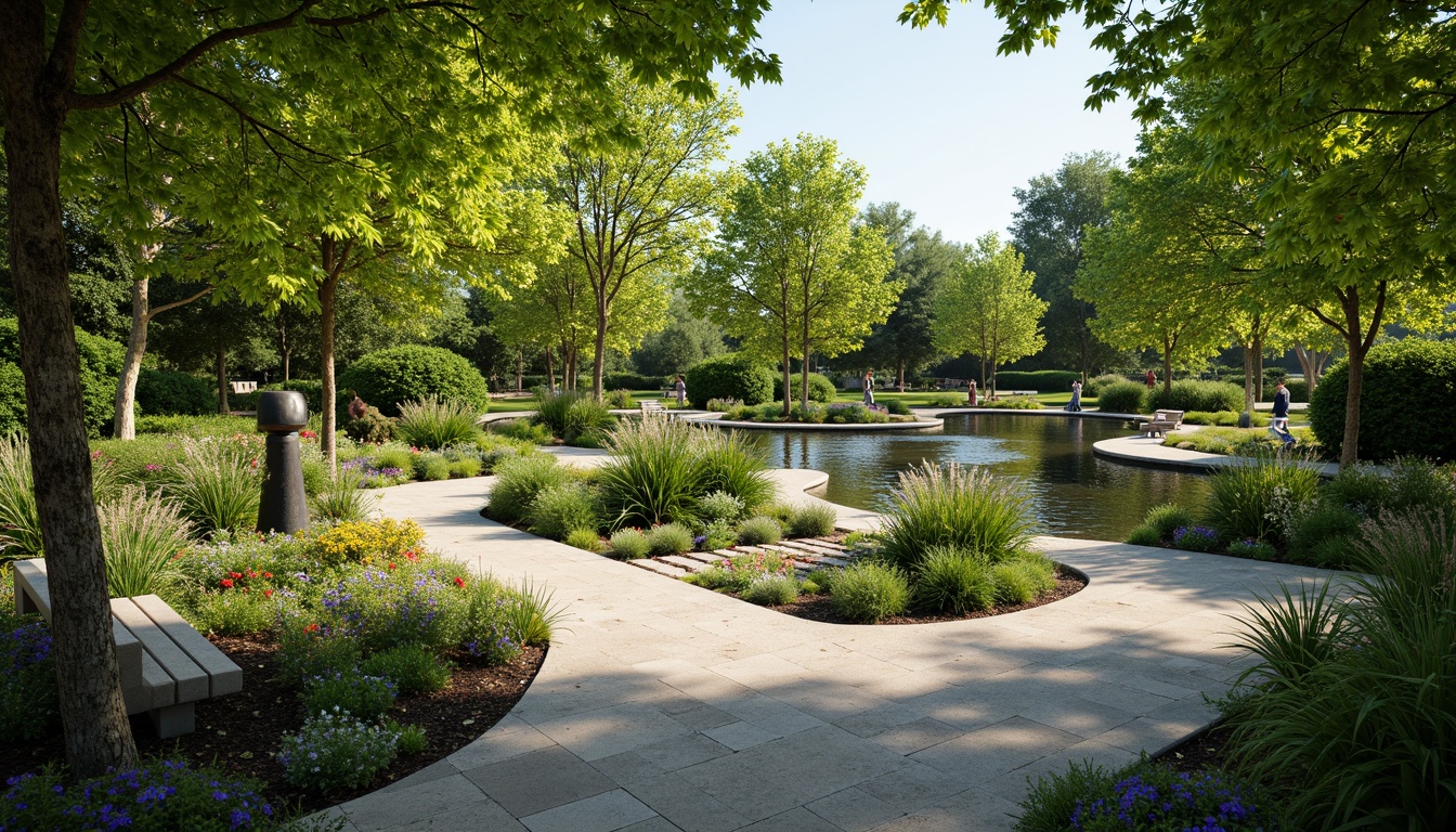 Prompt: Soothing healing garden, lush greenery, calming water features, serene walking paths, natural stone benches, vibrant flowers, gentle slopes, wheelchair-accessible ramps, sensory gardens, aromatic herbs, soft rustling leaves, warm sunny day, dappled shade, shallow depth of field, 1/1 composition, realistic textures, ambient occlusion, peaceful atmosphere.