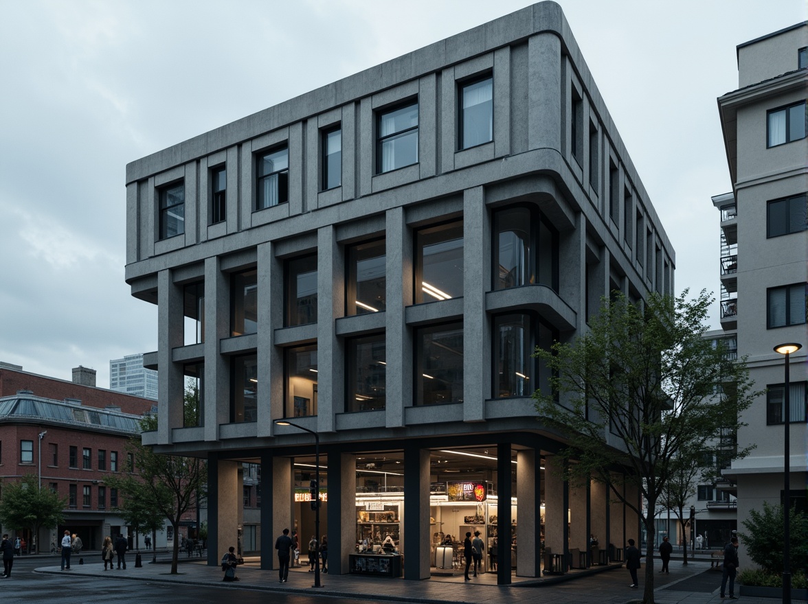 Prompt: Industrial laboratory building, constructivist architecture, brutalist concrete facade, geometric metal cladding, angular lines, minimalist design, functionalism emphasis, scientific equipment, futuristic details, neon lighting accents, urban cityscape background, overcast sky, dramatic shadows, high-contrast lighting, 1/1 composition, symmetrical framing, realistic materials, ambient occlusion.