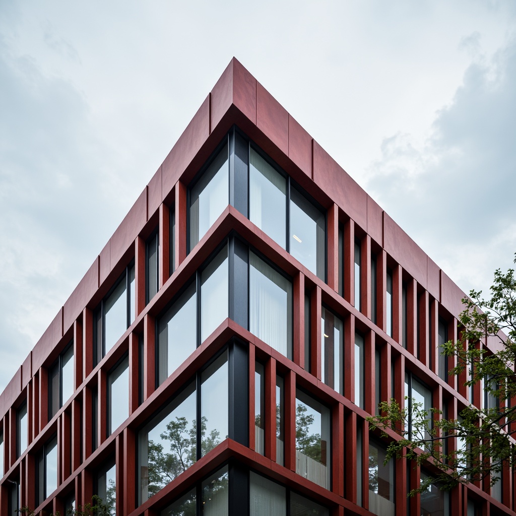 Prompt: Geometric building facade, rectangular forms, primary color scheme, industrial materials, steel frames, glass windows, minimalist ornamentation, functional simplicity, clean lines, right angles, asymmetrical composition, urban cityscape, cloudy sky, soft diffused lighting, shallow depth of field, 2/3 composition, realistic textures, ambient occlusion.