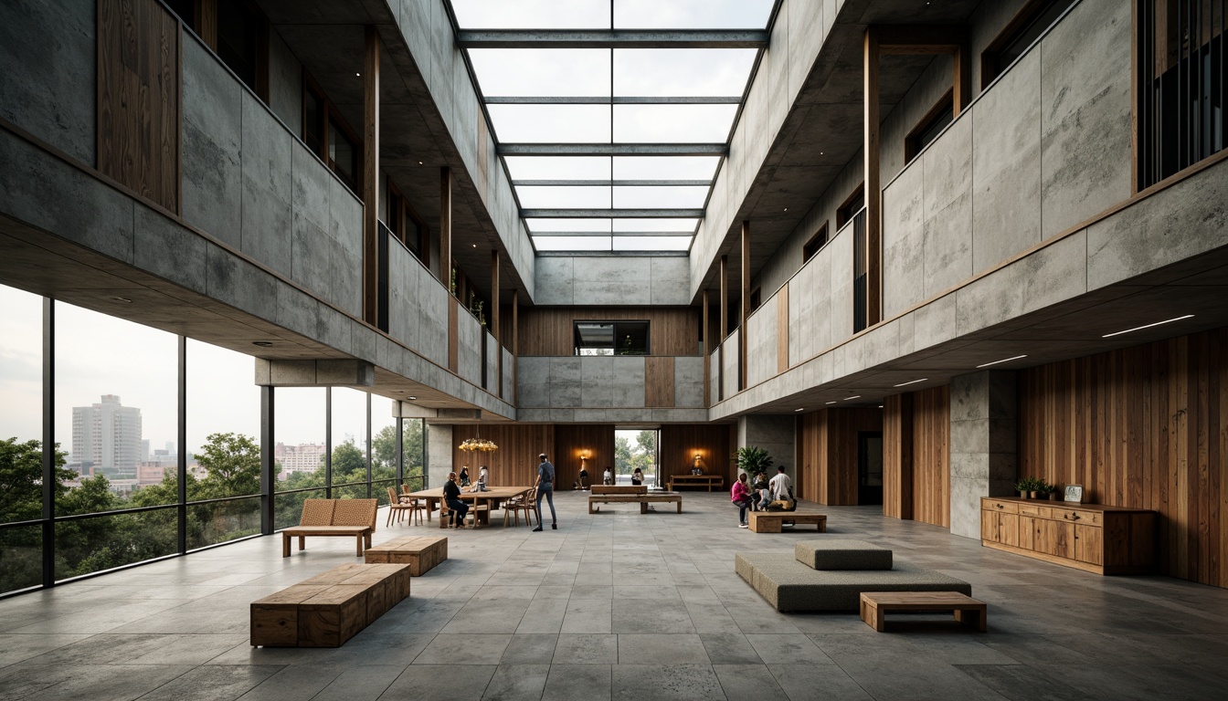 Prompt: Rugged community center, brutalist architecture, raw concrete walls, exposed ductwork, industrial metal beams, natural light pouring in, large skylights, clerestory windows, urban landscape views, gritty cityscape, overcast sky, soft diffused lighting, high contrast shadows, dramatic architectural angles, bold structural elements, minimalist interior design, functional simplicity, communal gathering spaces, reclaimed wood accents, earthy color palette, organic textures, 3/4 composition, cinematic framing, realistic render.