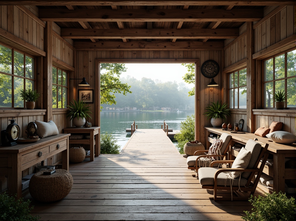 Prompt: Rustic boathouse, weathered wood accents, nautical ropes, distressed metal details, soft misty mornings, serene lake views, lush greenery, vibrant aquatic life, warm beige tones, calming blues, earthy browns, natural stone foundations, wooden docks, sailboat-inspired decor, vintage navigation instruments, cozy interior lighting, shallow depth of field, 1/1 composition, realistic textures, ambient occlusion.