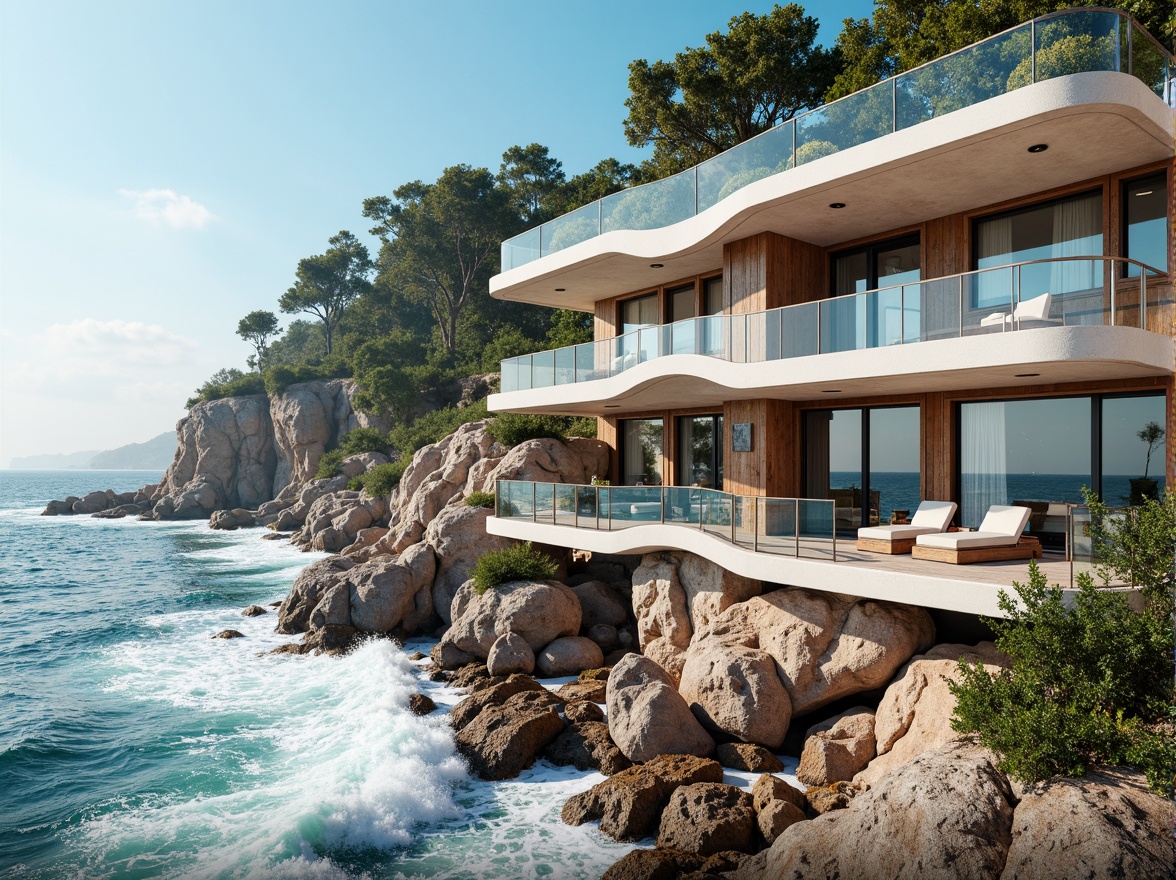 Prompt: Wave-crashing coastline, salty sea air, rugged cliffside, modern coastal architecture, undulating fa\u00e7ades, wavy balconies, ocean-inspired railings, driftwood accents, weathered wooden planks, beachy color palette, soft blue hues, creamy whites, coral pinks, large windows, sliding glass doors, natural ventilation systems, solar panels, green roofs, eco-friendly materials, cantilevered structures, dramatic overhangs, 3/4 composition, panoramic view, realistic textures, ambient occlusion.