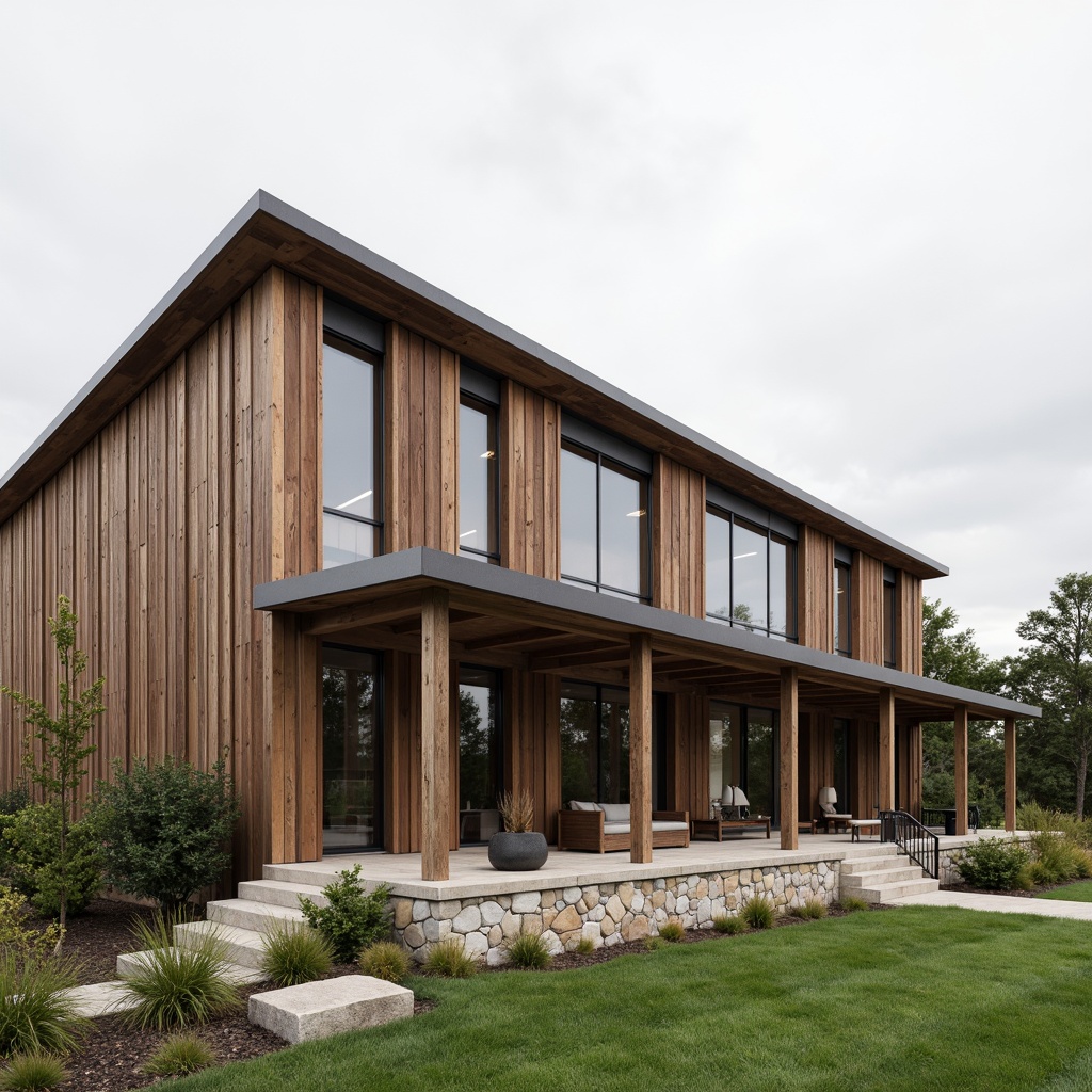 Prompt: Rustic barn, streamlined modern facade, horizontal wooden planks, corrugated metal roofing, industrial-style windows, sliding glass doors, natural stone foundation, minimalist ornamentation, earthy color palette, weathered wood accents, rural landscape, serene countryside, overcast sky, soft diffused lighting, shallow depth of field, 2/3 composition, symmetrical framing, realistic textures, ambient occlusion.