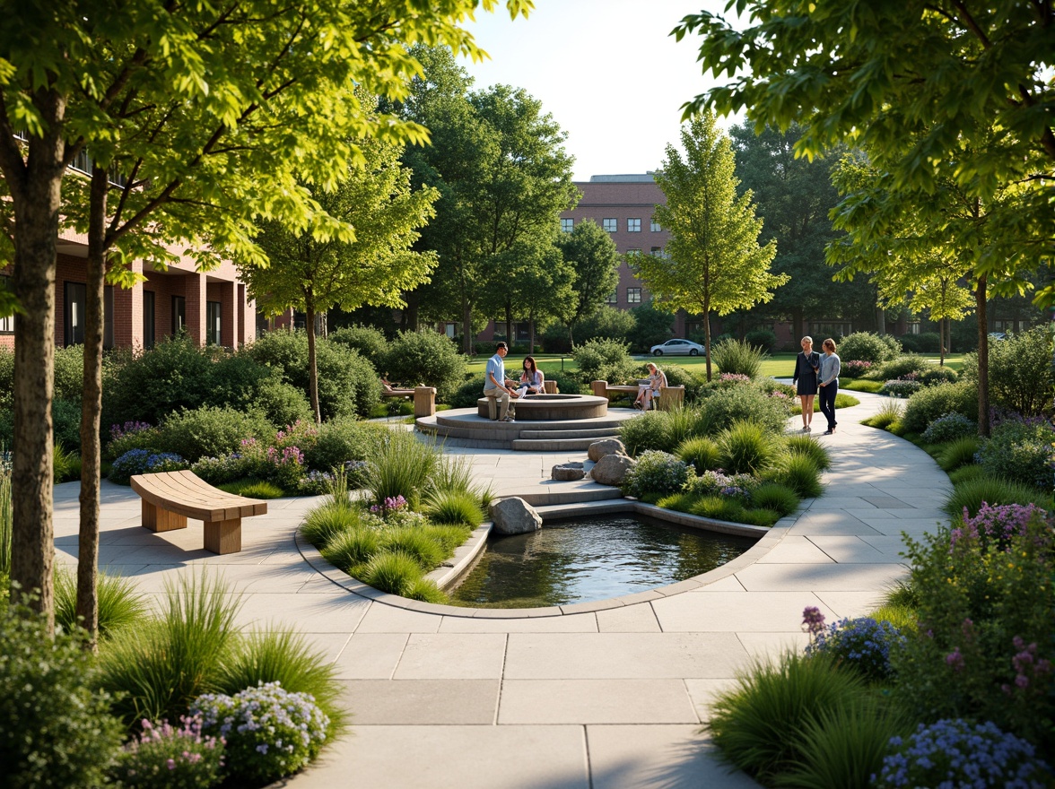 Prompt: Soothing healing garden, lush greenery, calming water features, serene walking paths, natural stone benches, vibrant flowers, gentle slopes, wheelchair-accessible ramps, sensory gardens, aromatic herbs, soft rustling leaves, warm sunny day, dappled shade, shallow depth of field, 1/1 composition, realistic textures, ambient occlusion, peaceful atmosphere.