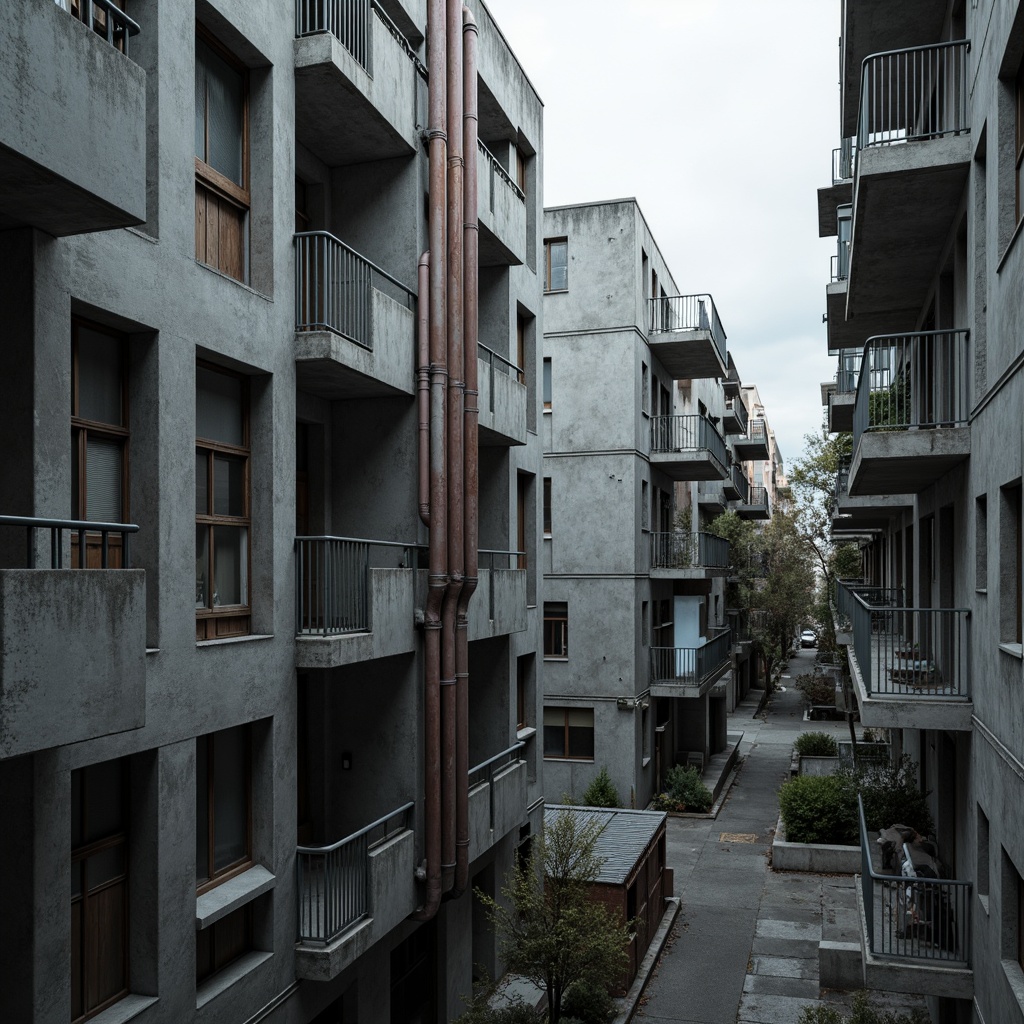 Prompt: Exposed concrete walls, rugged textures, industrial pipes, raw steel beams, minimalist balconies, brutalist architecture, urban cityscape, gloomy overcast sky, dramatic shadows, high-contrast lighting, bold geometric forms, functional simplicity, distressed finishes, poured-in-place concrete, cold monochromatic color palette, 1/1 composition, low-angle shot, cinematic atmosphere, gritty realistic textures.