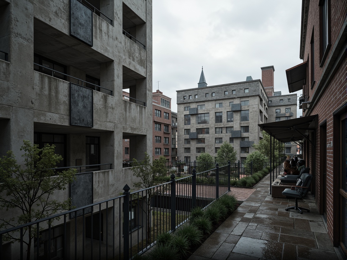 Prompt: Rough concrete walls, exposed ductwork, industrial metal beams, raw brick facades, weathered stone surfaces, distressed wood accents, brutalist monumentality, fortress-like structures, urban cityscape, overcast skies, dramatic shadows, high-contrast lighting, cinematic composition, gritty realistic textures, ambient occlusion.