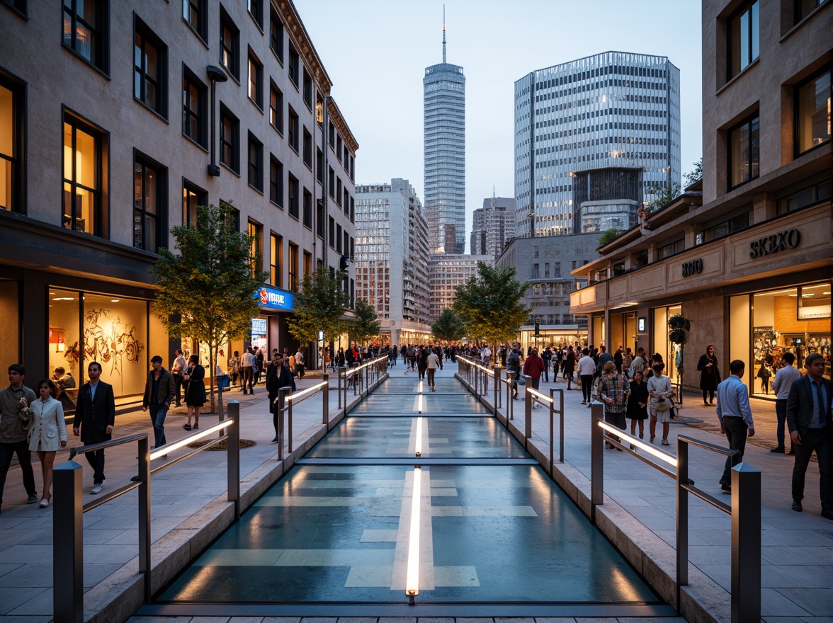 Prompt: Futuristic pedestrian bridge, sleek metal railings, translucent glass floors, LED lighting strips, dynamic arches, suspended walkways, urban cityscape, bustling streets, modern skyscrapers, vibrant street art, eclectic crowd, warm evening ambiance, soft golden lighting, shallow depth of field, 1/2 composition, realistic reflections, ambient occlusion, durable stainless steel, weathered wood accents, high-strength concrete piers, cantilevered sections, minimalist support columns.