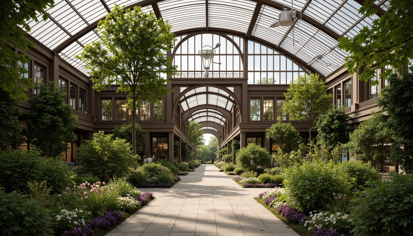 Prompt: Elegant greenhouse, lush greenery, ornate iron frames, Victorian-era inspired architecture, grand entranceways, symmetrical facades, rustic stone walls, curved glass roofs, natural ventilation systems, misting irrigation systems, tropical plants, exotic flowers, soft warm lighting, shallow depth of field, 1/1 composition, panoramic view, realistic textures, ambient occlusion, serene atmosphere, peaceful ambiance.