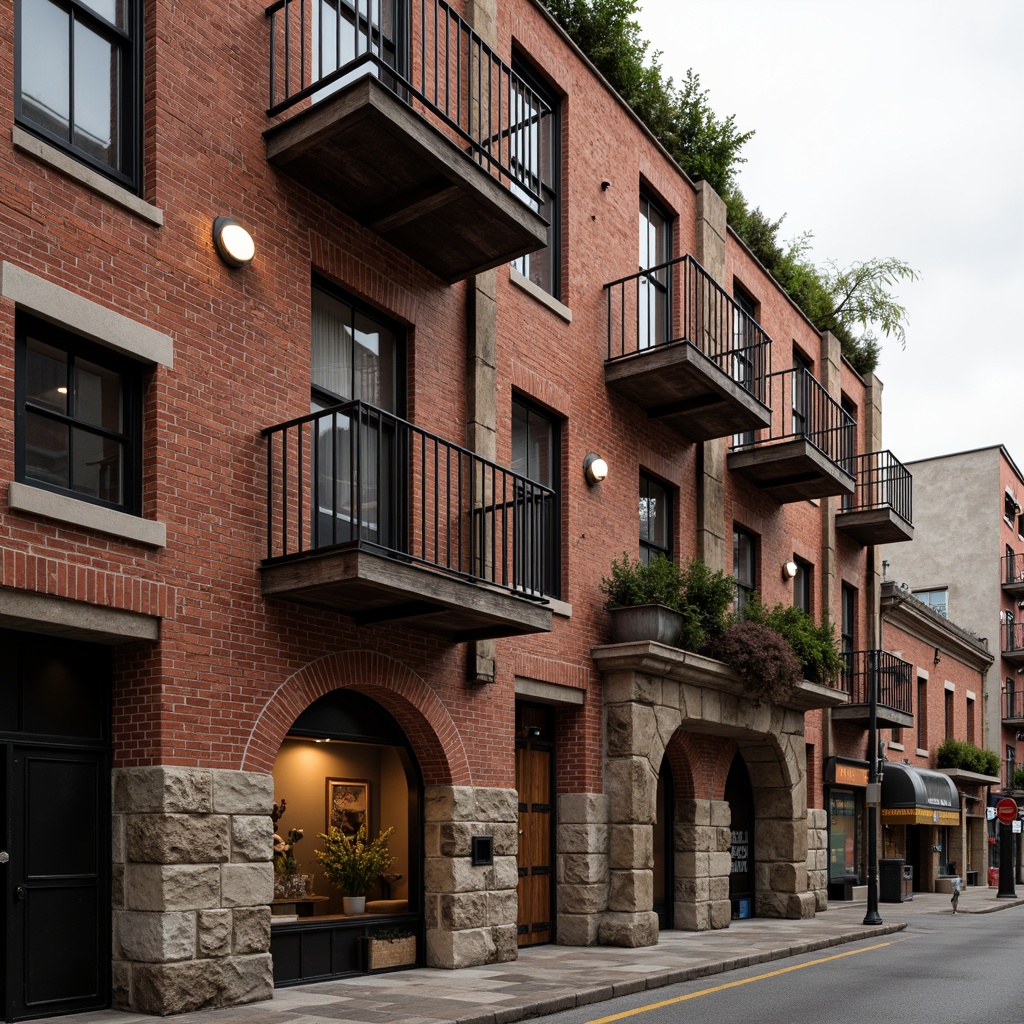 Prompt: Rustic industrial building, exposed brick facade, distressed brick walls, earthy red tones, rough-hewn stone foundations, metal accents, reclaimed wood beams, urban cityscape, overcast sky, warm soft lighting, shallow depth of field, 1/1 composition, realistic textures, ambient occlusion.